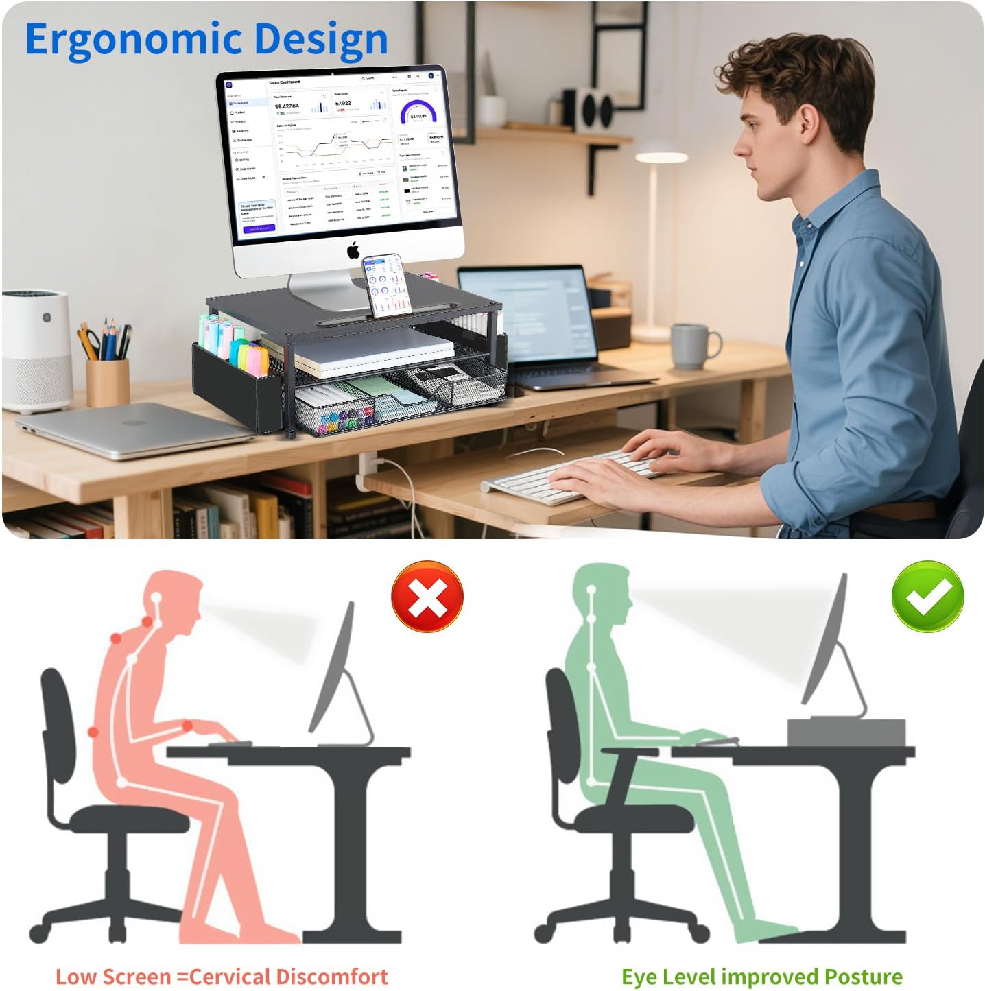 2-Tier AUPSEN Wood Computer Monitor Stand Riser, Black Desk Organizer with Drawer, Pen Storage & Phone Holder Office