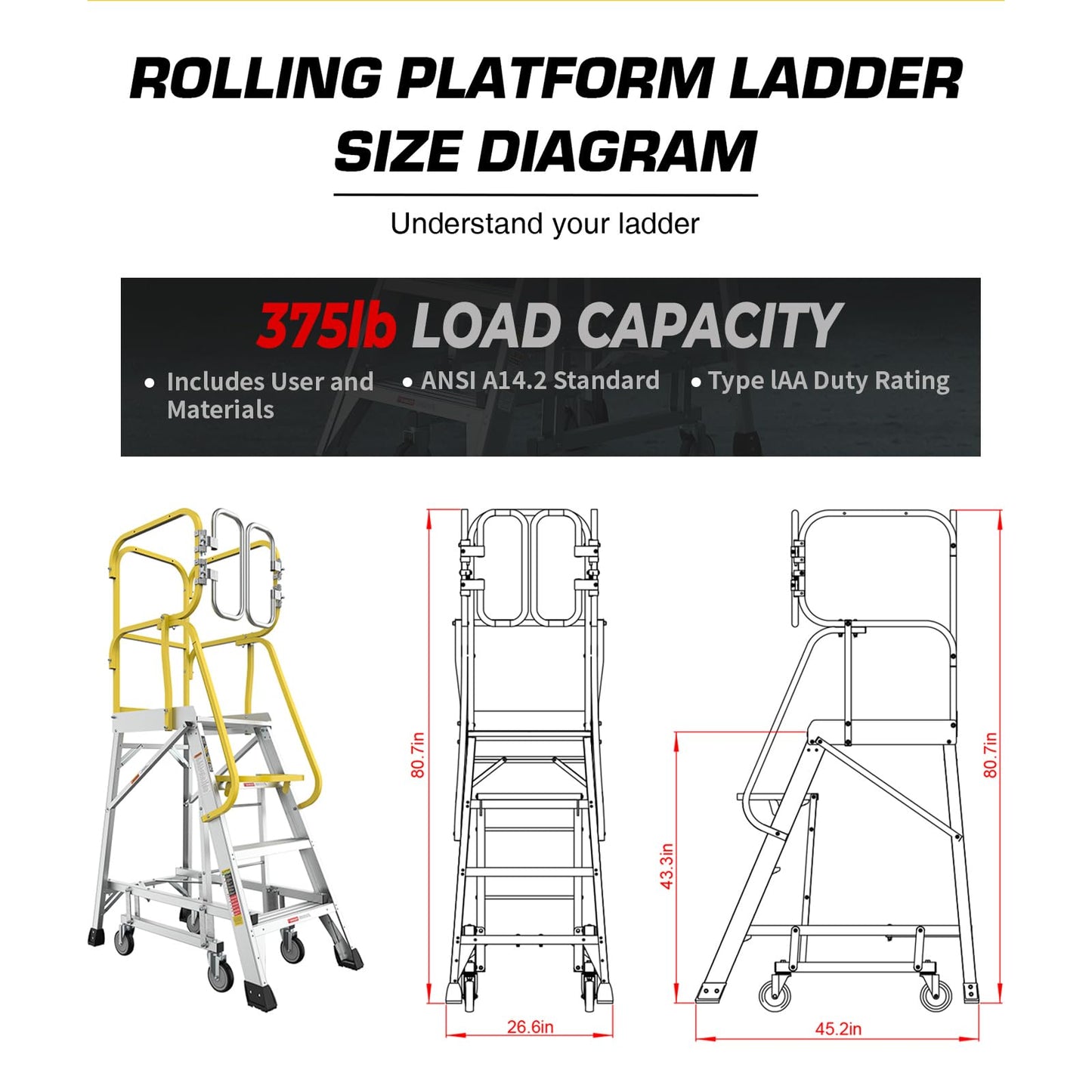 4-Step Aluminum Rolling Platform Ladder, 375 LBS Capacity, Mobile Work Platform with 20"x24" Anti-Slip Standing Surface, Steps Ladder with Wheels & Secure Safety Gate, Meets ANSI Standards