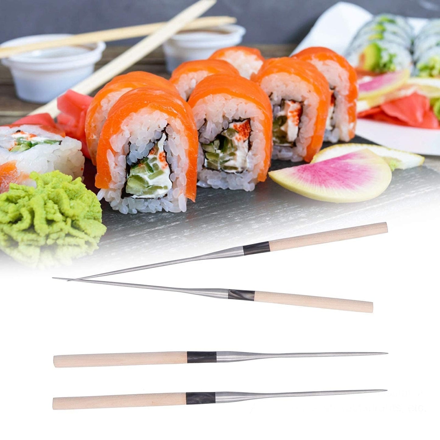 Sushi Chopsticks, 12.4in Stainless Steel Cooking Chopsticks with Wood Handle, Reusable Chop Sticks Dishwasher Safe for Frying, Hot Pot, Noodles and Japanese, Korean, Chinese Foods