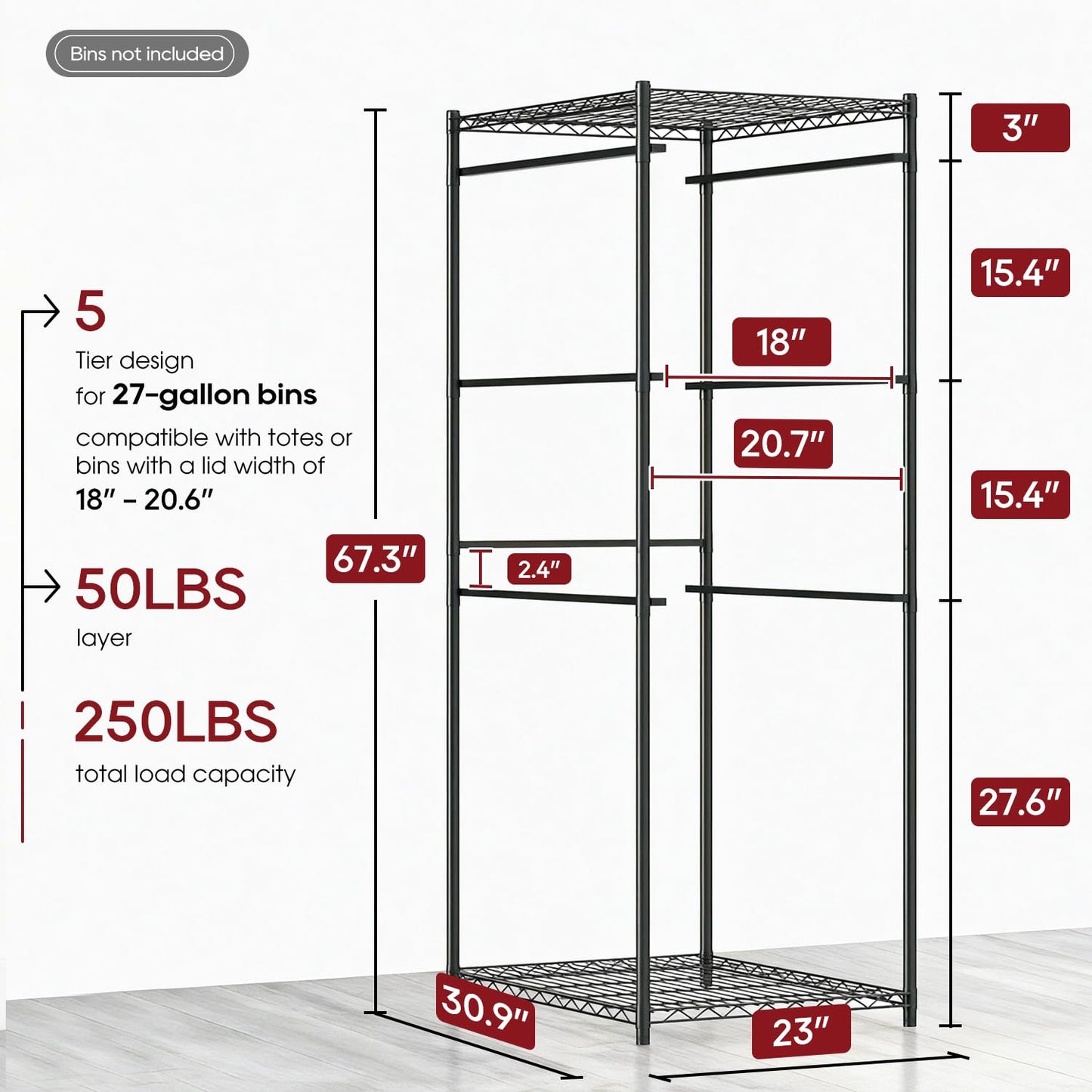 BestOffice 5-Tier Tote Storage Rack 27 Gallon Bins Wire Storage Shelving Unit 250 LBS Metal Rack Organizer for 18"-20.6" Width Bins for Garage Pantry Kitchen Basement, 30.9"x23"x67.3", Black, 2 Pack