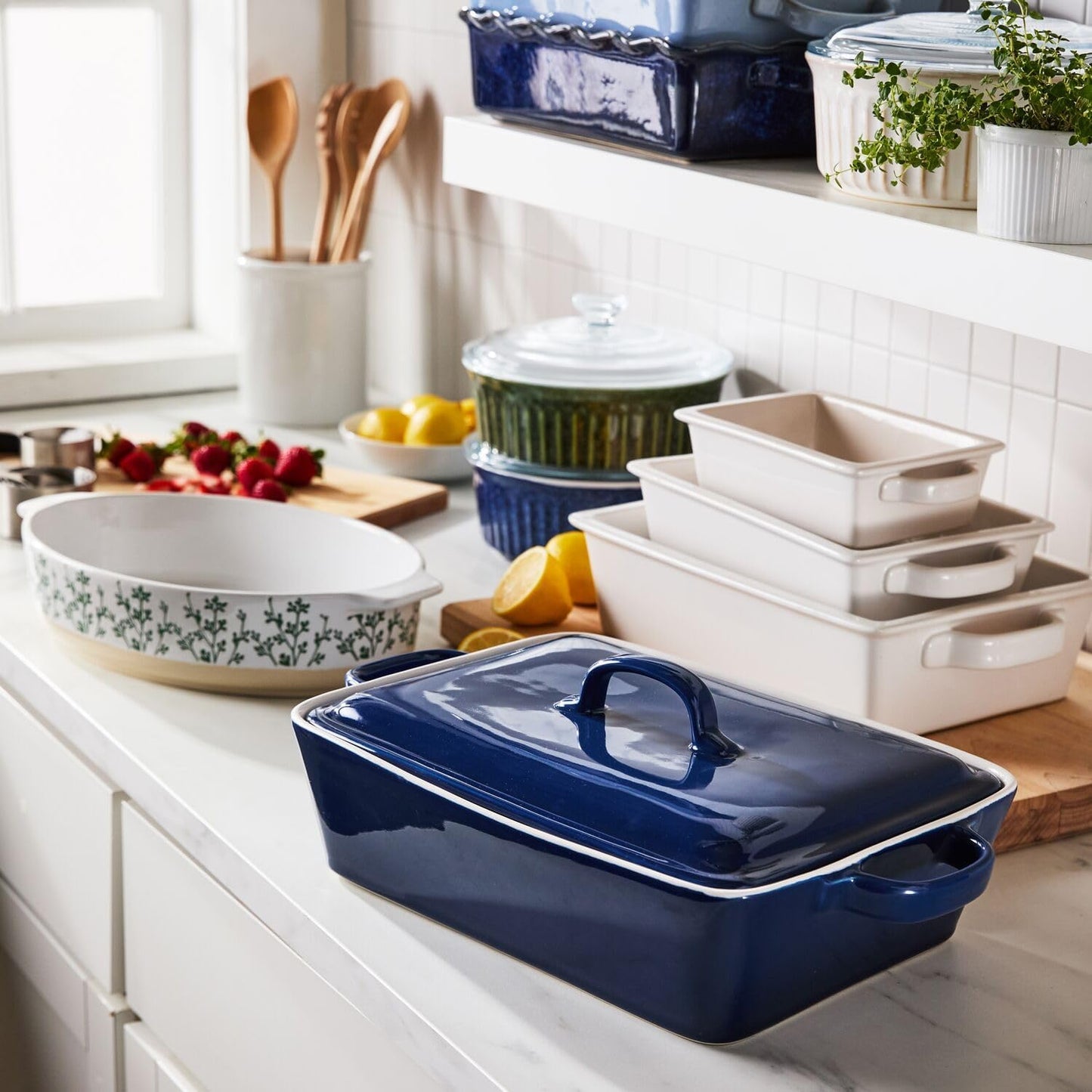 Sur La Table Stoneware Baker Set - 3-Piece Freezer-to-Oven Bakeware with Lids | Durable Handmade Design, White