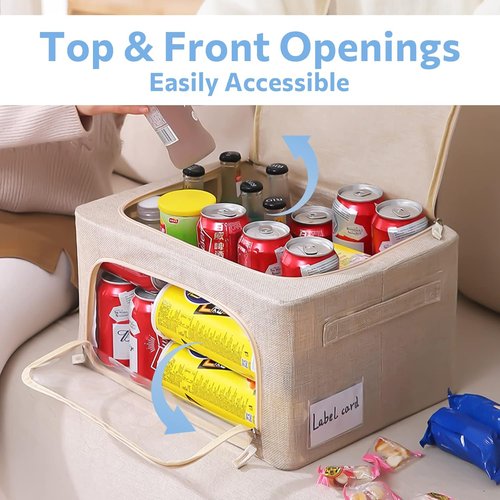 CYhom Foldable Storage Bins - Stackable Linen Fabric Organizer with Clear Window & Carry Handles | Large Capacity (Small-22L, Beige)