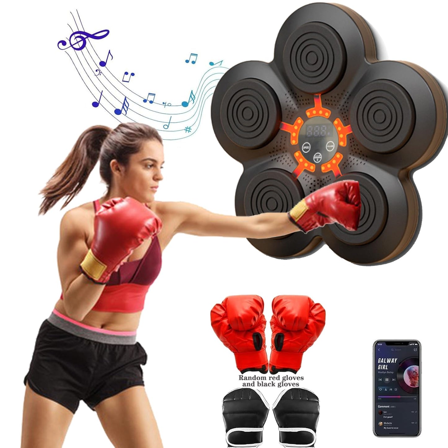 Music Boxing Machine with Boxing Gloves, Smart Boxing Training Machine for Adults, Wall Target Punching Workout for Kids, Reflex Training Suitable for Home Office Gym, Fun Fitness Equipment, Black