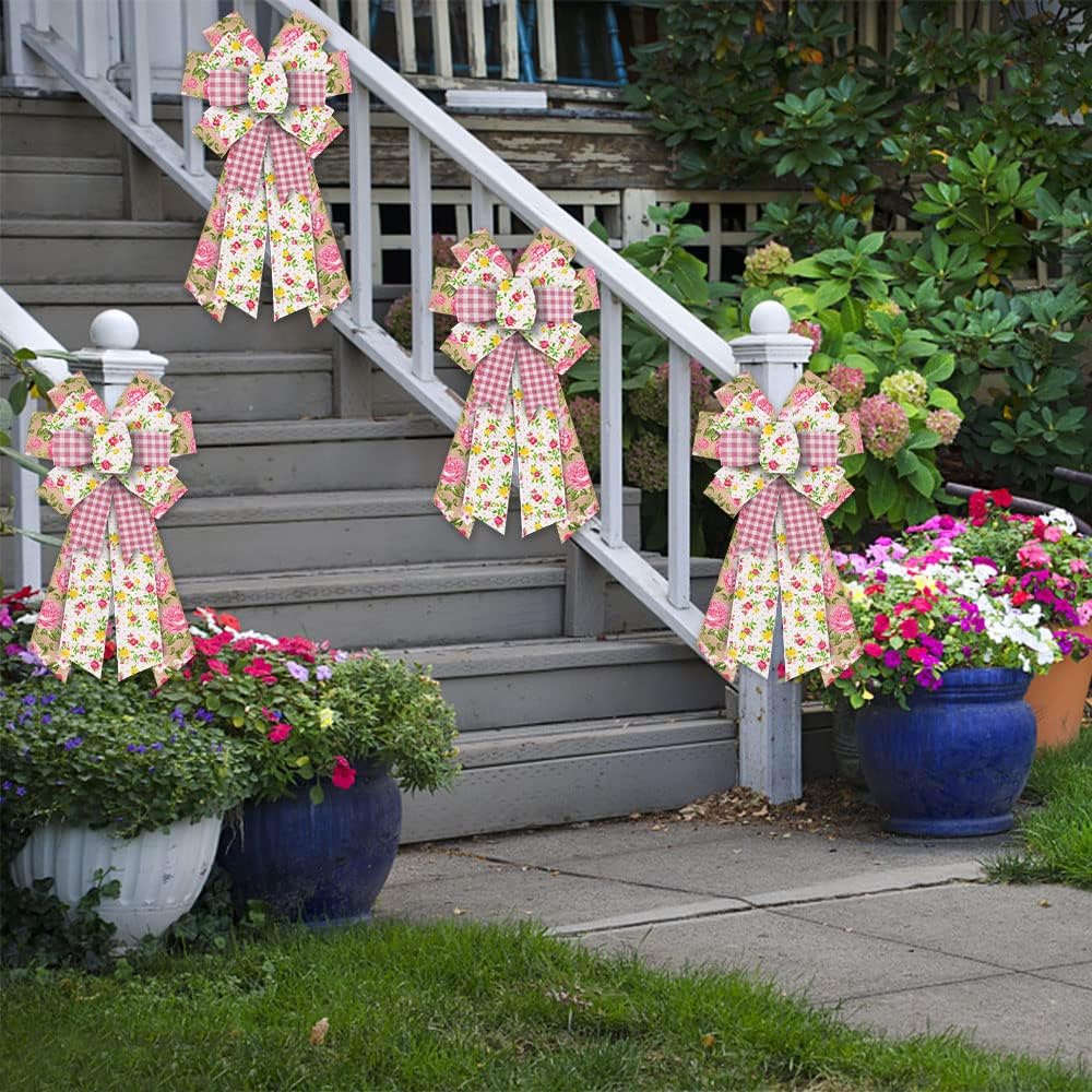 ALIBBON Large Spring Bows - Pink Buffalo Plaid Burlap Flower Bows for Wreaths & Crafts | Indoor/Outdoor Decor