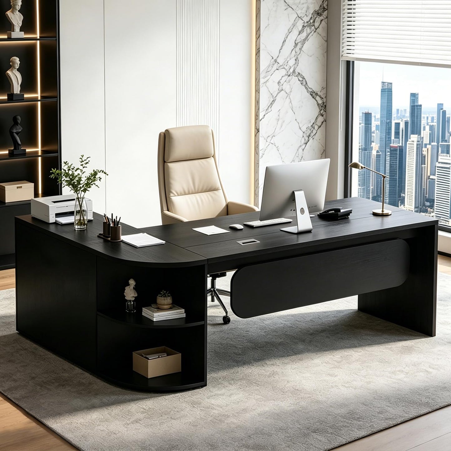 SimpArt Executive L-Shaped Office Desk with Storage Shelves, Modern Executive Desk with Curved Edge, Large Workstation Desk for Home Office, Business Office Furniture