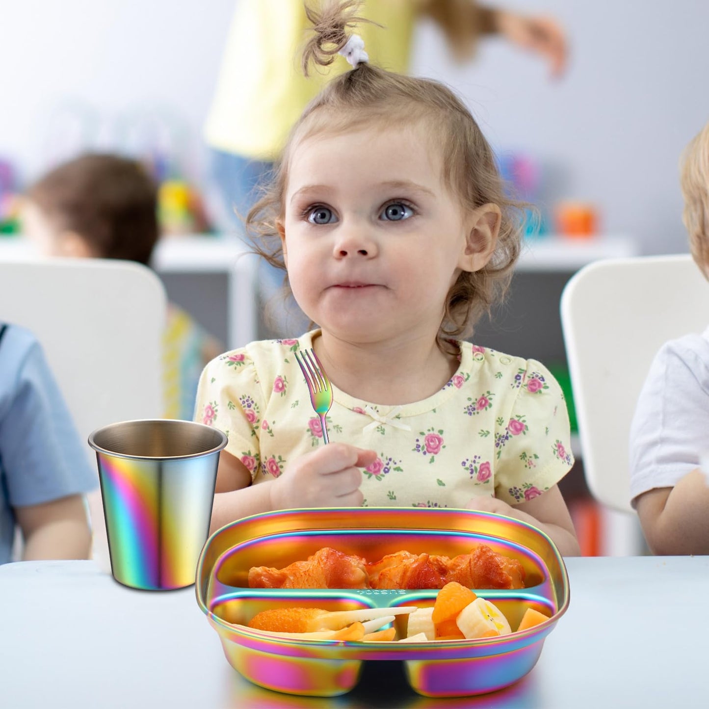 Tioncy 5 Pcs Stainless Steel Kids Dinner Set, 1 Bowl, 1 Balanced Bites Divided Plate, 1 Cup, 1 Spoon and 1 Forks, Stainless Steel Lunch Plates Dinnerware Set for Kids Toddlers(Classic)