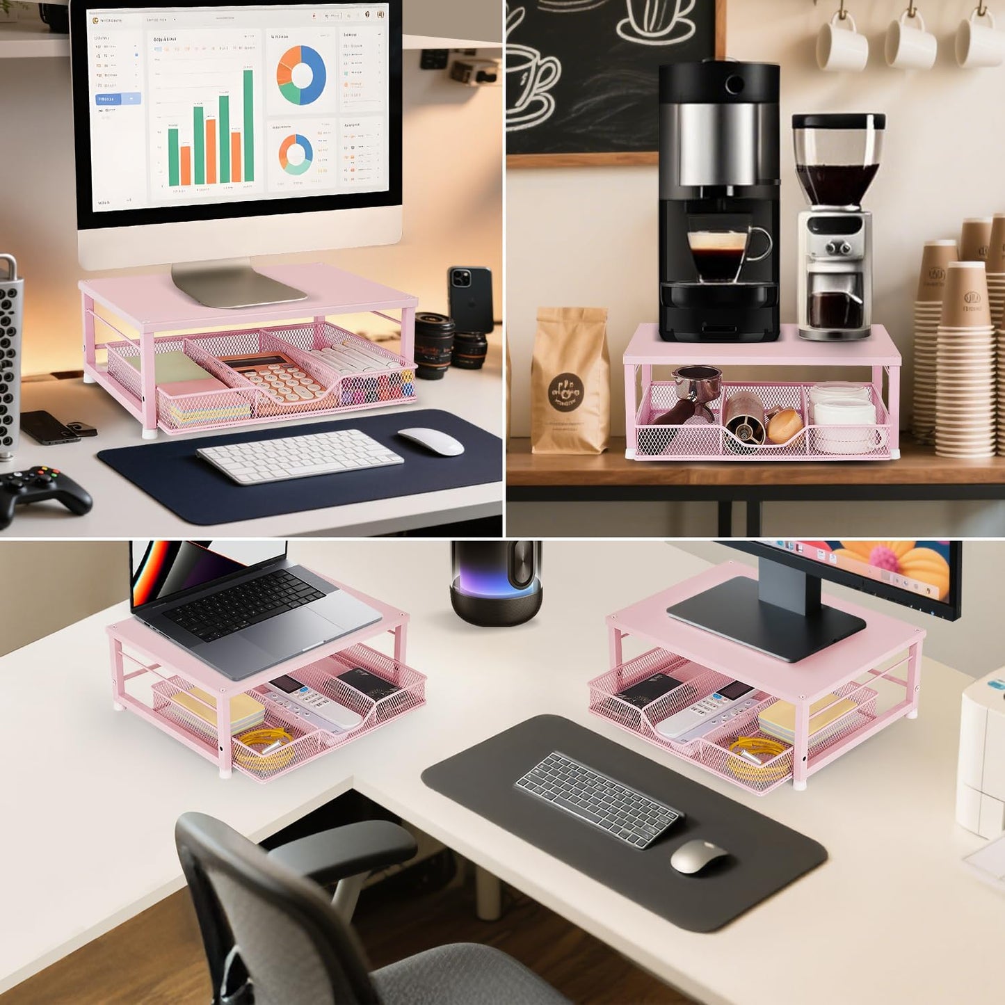 Small Pink Laptop Stand for Desk, Monitor Stand, Office Desk Accessories, Computer Desktop Stand with Drawer for Home
