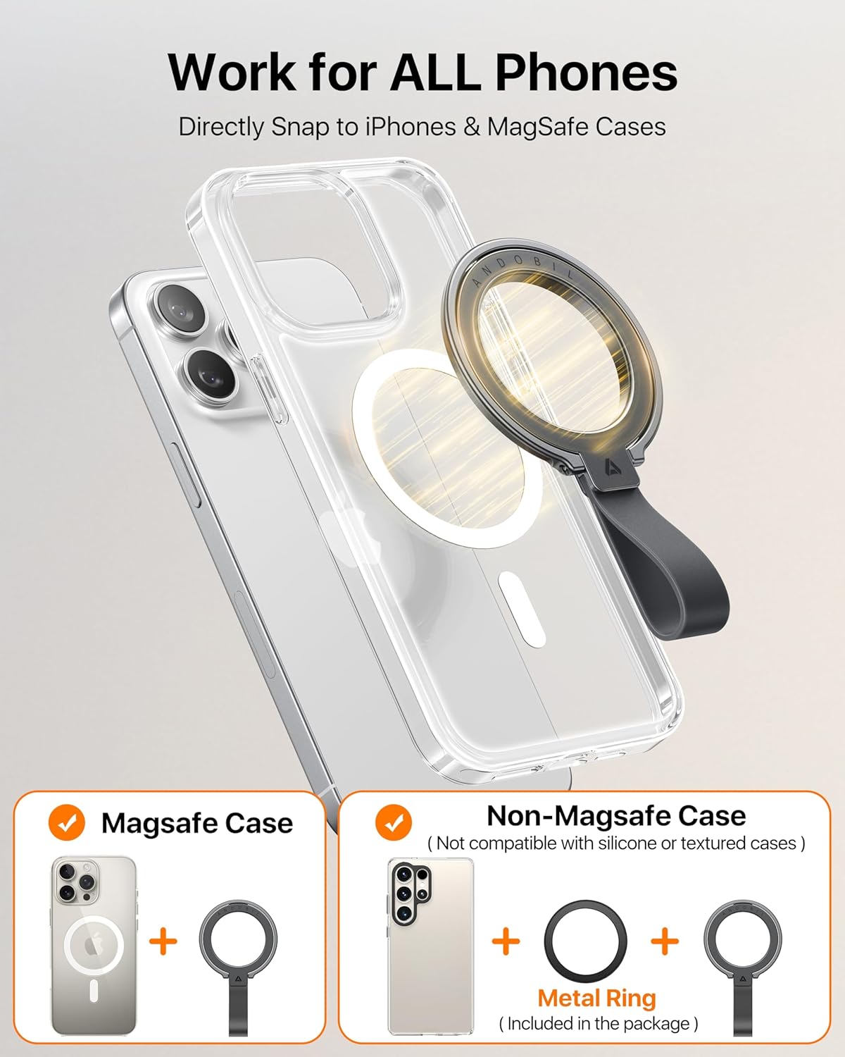 andobil [2026 17 16 15/14/13/12&Android, Unrivaled Stability] Magnetic Phone Grip Holder for MagSafe Ring Stand Holder