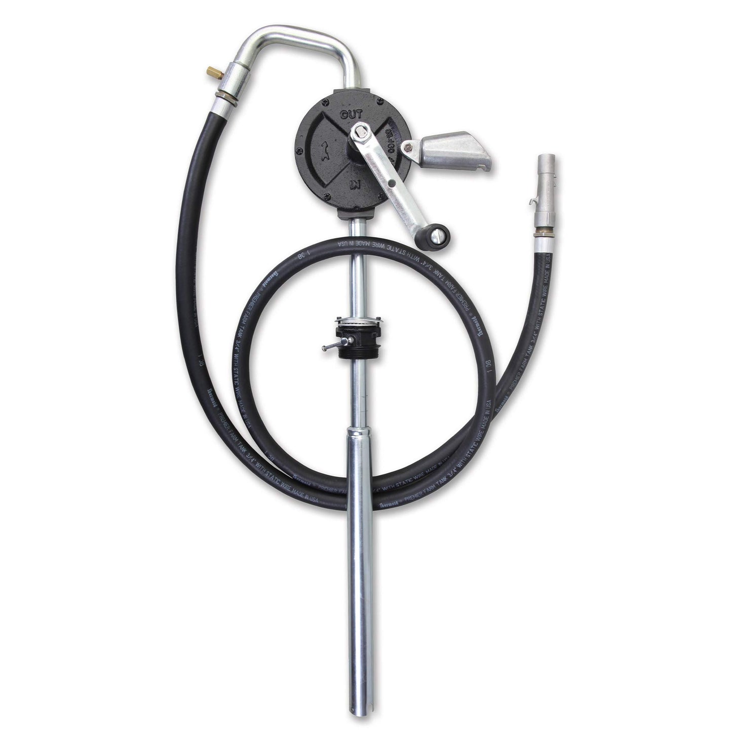 Groz Industrial Rotary Fuel Pump, FM-Approved Cast Iron, 3-Vane, 38 LPM/10 GPM, 8 ft Anti-Static Hose, Aluminum Nozzle, Vacuum Breaker & Flame Arrestor, 2 in Bung, Fits 15-55 Gal Drums (44082)