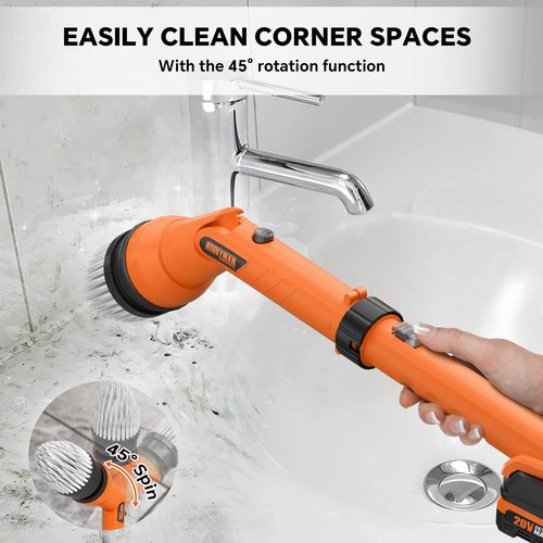 2 Battery Electric Spin Scrubber, 1000RPM Cordless Cleaning Brush Waterproof with 20V Power Supplied, Adjustable Extension Handle, 4 Replaceable Cleaning Heads, Hook, Gloves - for Tub/Tile/Wall/Floor
