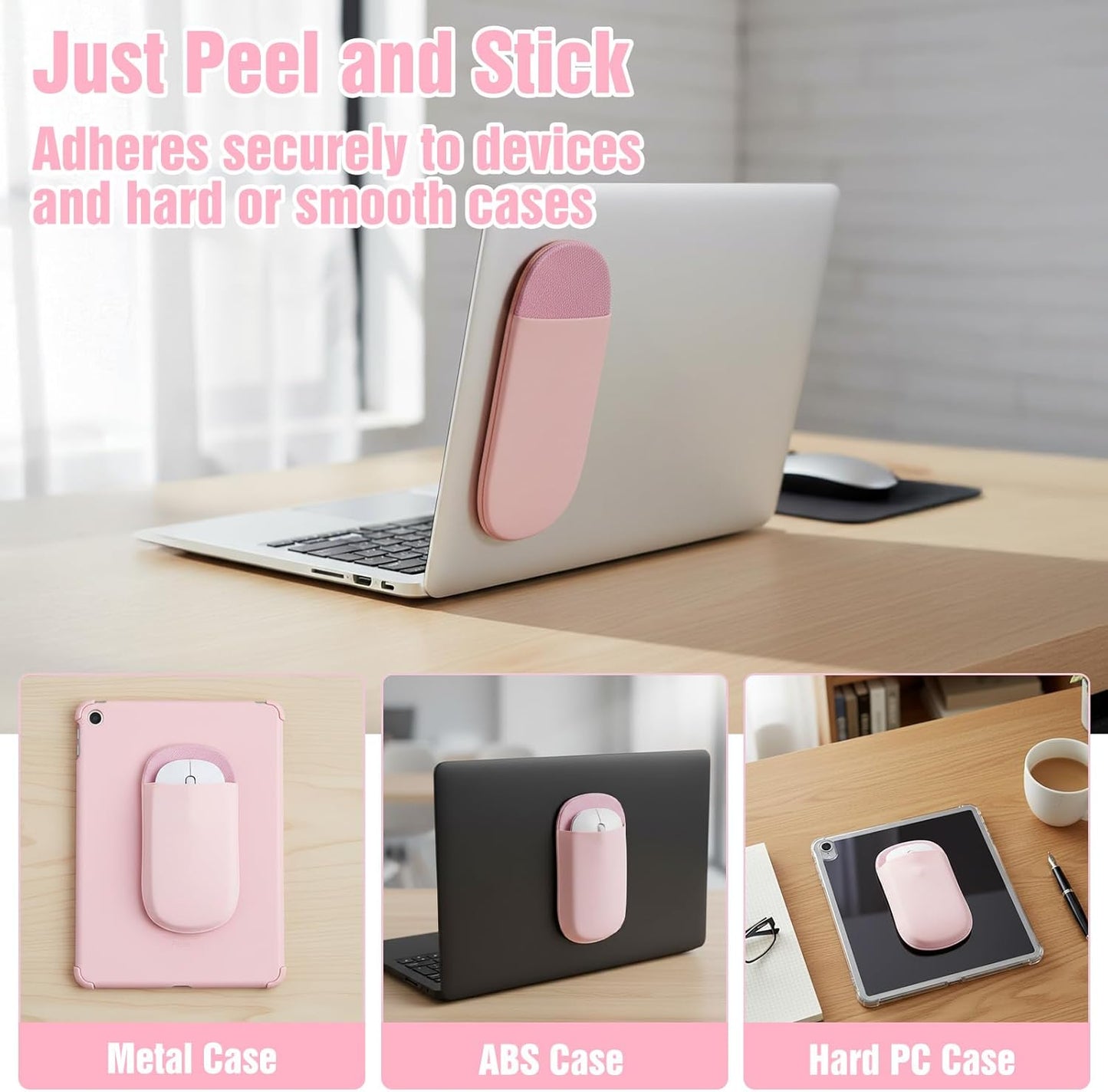 Shimmeroo Slim Mouse Holder for Laptop, Universal Wireless Mouse Sleeve Pouch for Laptop Stick on, Pink Adhesive