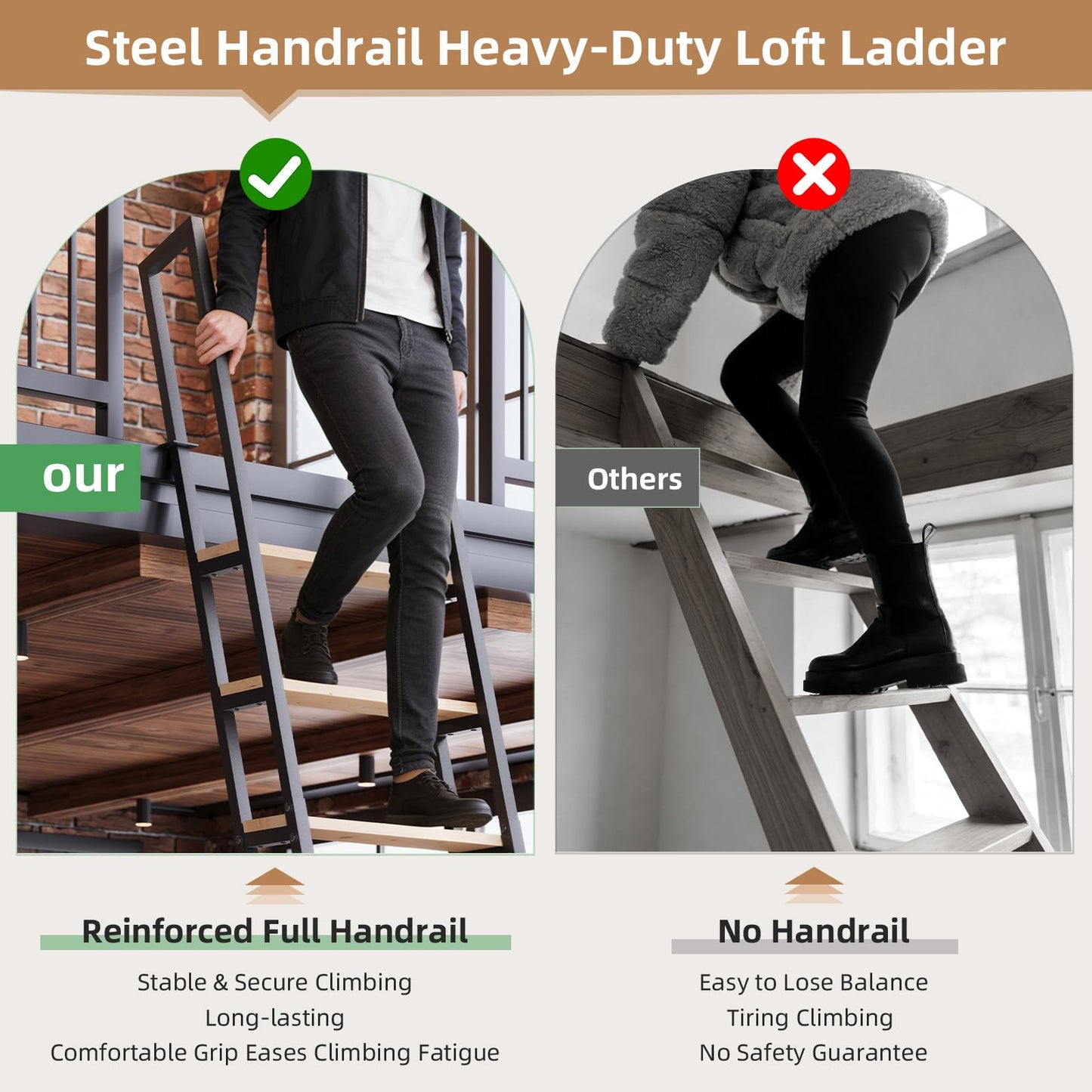 11.35FT Industrial Style Loft Ladder, 9 Steps with Black Steel Handrails & Solid Wood Steps, 450lbs Capacity, Fits 9.2-10FT Installation Height,for Attic, Kitchen, Warehouse,Bookshelf& Outdoor