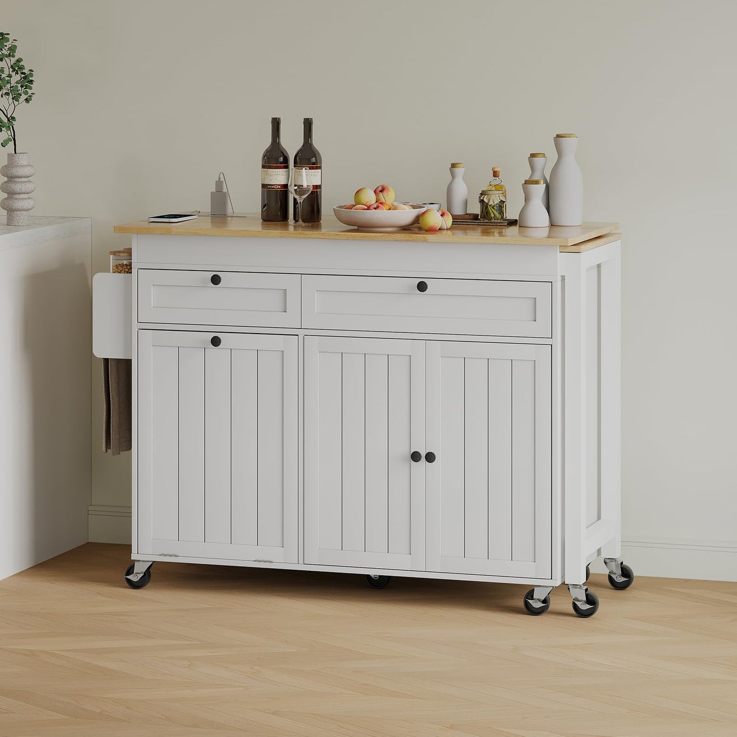 Lefurture Kitchen Islands with Storage, Kitchen Island on Wheels with Extendable Dining Table and Power Outlet, Rolling Island Cart with Trash Cabinet, Spice Rack & Towel Rack, White