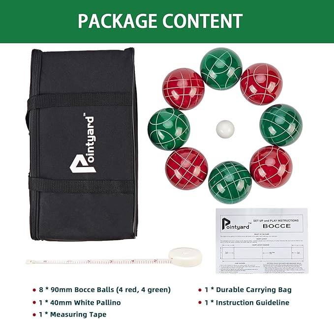 Pointyard Bocce Ball Set, 90mm Resin Bocce Ball Set with 8 Resin Bocce Balls/1 Pallino/Nylon Zippered Bag/Measuring Tape - Outdoor Lawn Games for Adults Family Kids/Yard/Beach Game