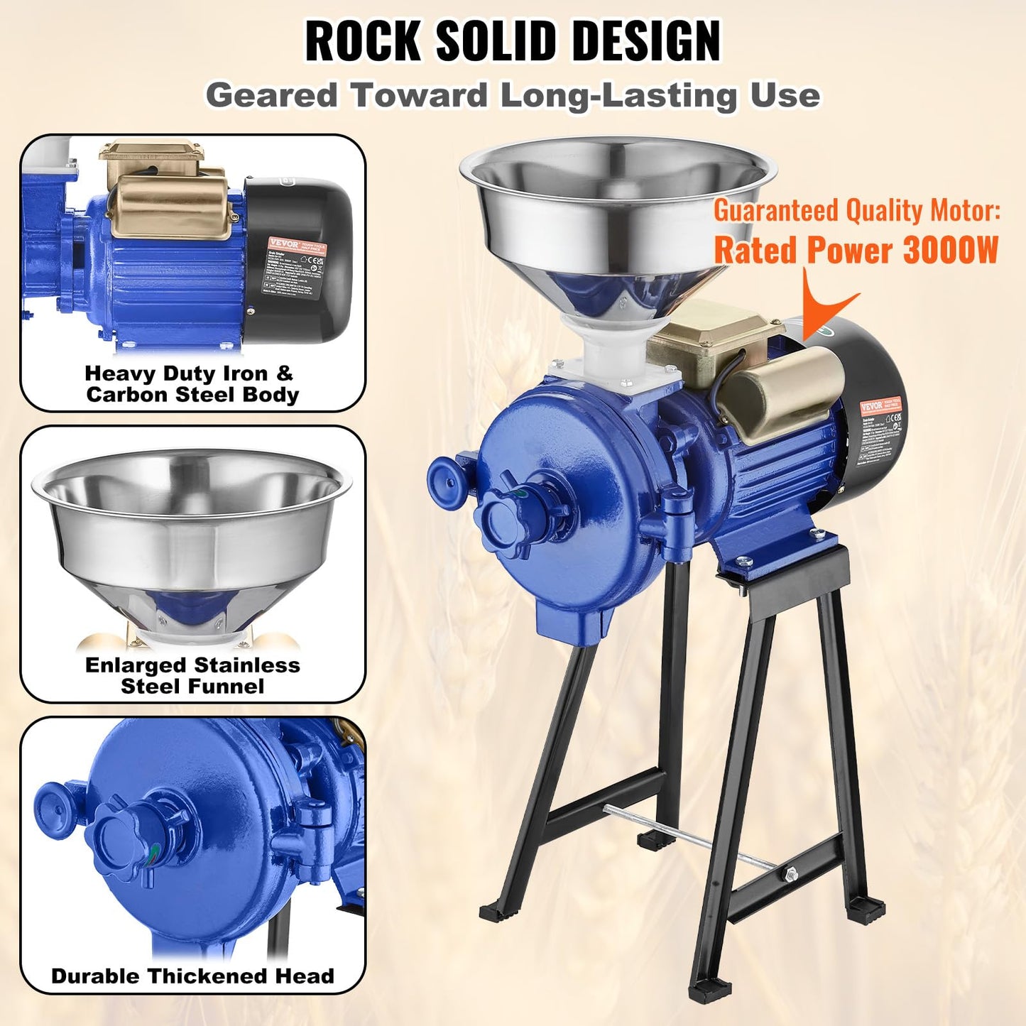 VEVOR Electric Grain Mill Grinder, 3000W Spice Grinders, Commercial Corn Mill with Funnel, Thickness Adjustable Powder Machine, Heavy Duty Feed Flour Cereal Mill Wheat Grinders, Dry Grinder