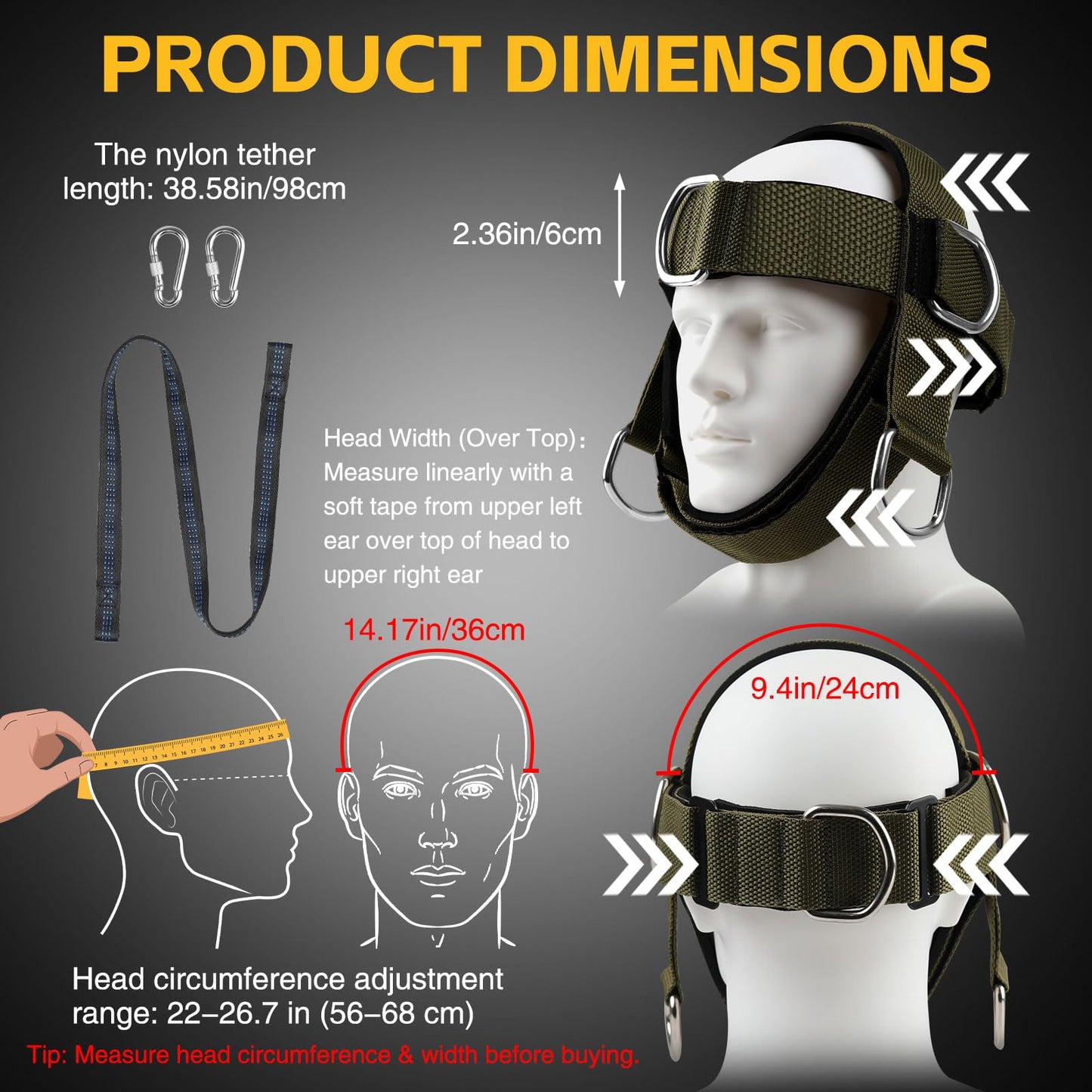 Fitness Neck Head Harness Trainer, Adjustable Chin Strap and Head Harness Strength with Nylon Tether, Neoprene Neck Exerciser for Weight Lifting, Home and Gym Use, Green