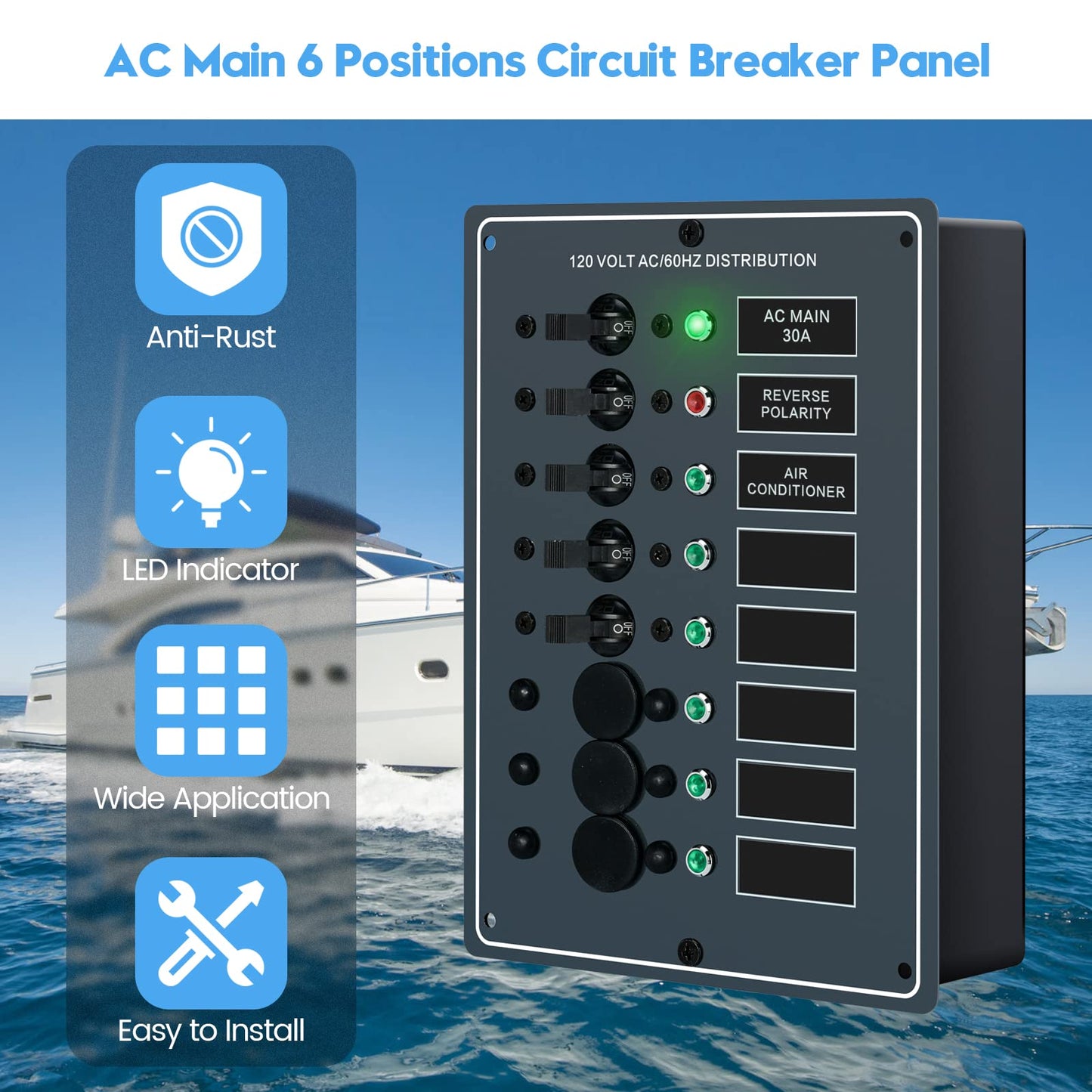 Haoguo AC Main 6 Positions Circuit Breaker Panel with Red Reverse Polarity LED Indicator, Included Free AC Isolation Back Cover, Pre-Wired, Ideal for Marine RV Yacht