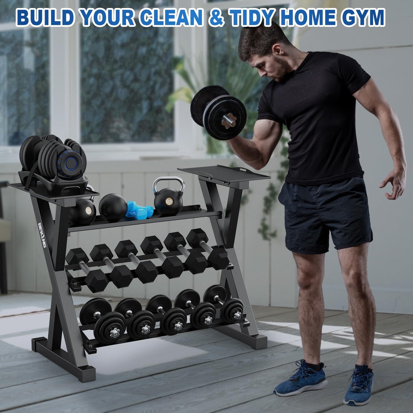 BEKING Dumbbell Rack, 4 Tier Weight Storage Rack for Dumbbells, Kettlebells, Adjustable Dumbbell Stand Multilevel Free Weight Organizer for Home Gym Fitness