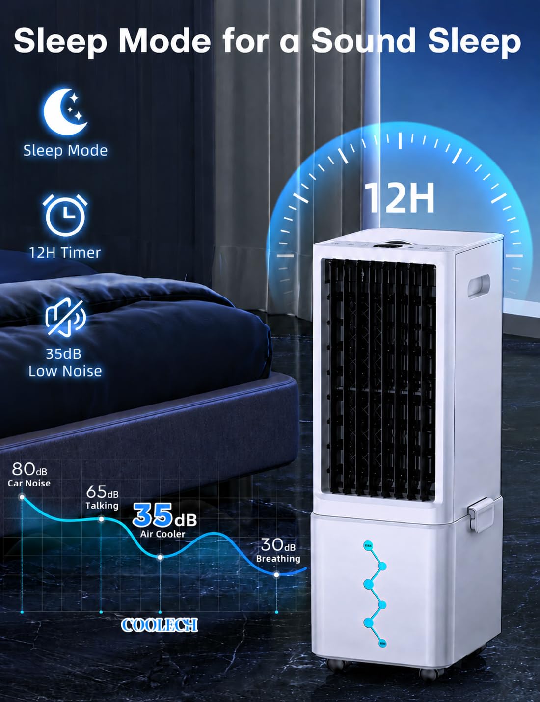 COOLECH Windowless Air Conditioner w/4 Mode & 3 Speed, Waterless Alert, 2.4-Gal Tank for 24H Cooling, 12H Timer,20FT Remote, 70° Auto Swing Evaporative Air Cooler, Portable Air Conditioner for Bedroom