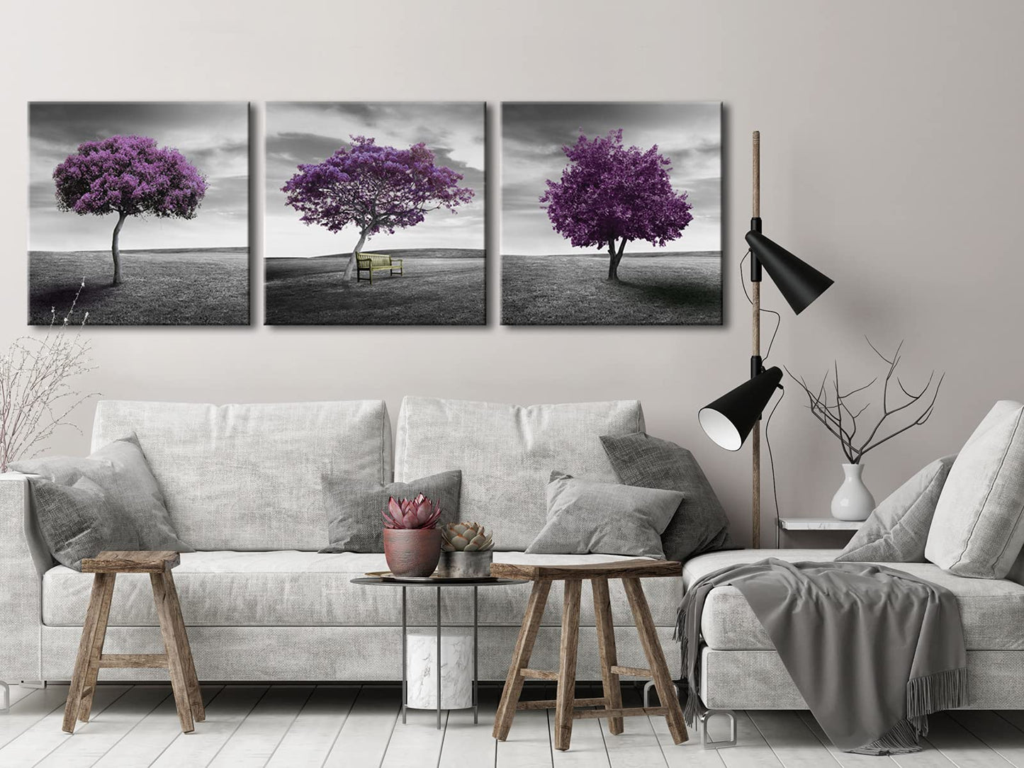 Pyradecor 3 Panels Purple Trees Giclee Canvas Prints Wall art Paintings for Living Room Bedroom Home Decorations Large Modern Gallery Wrapped Landscape Fall Forest Pictures Artwork Ready to Hang L