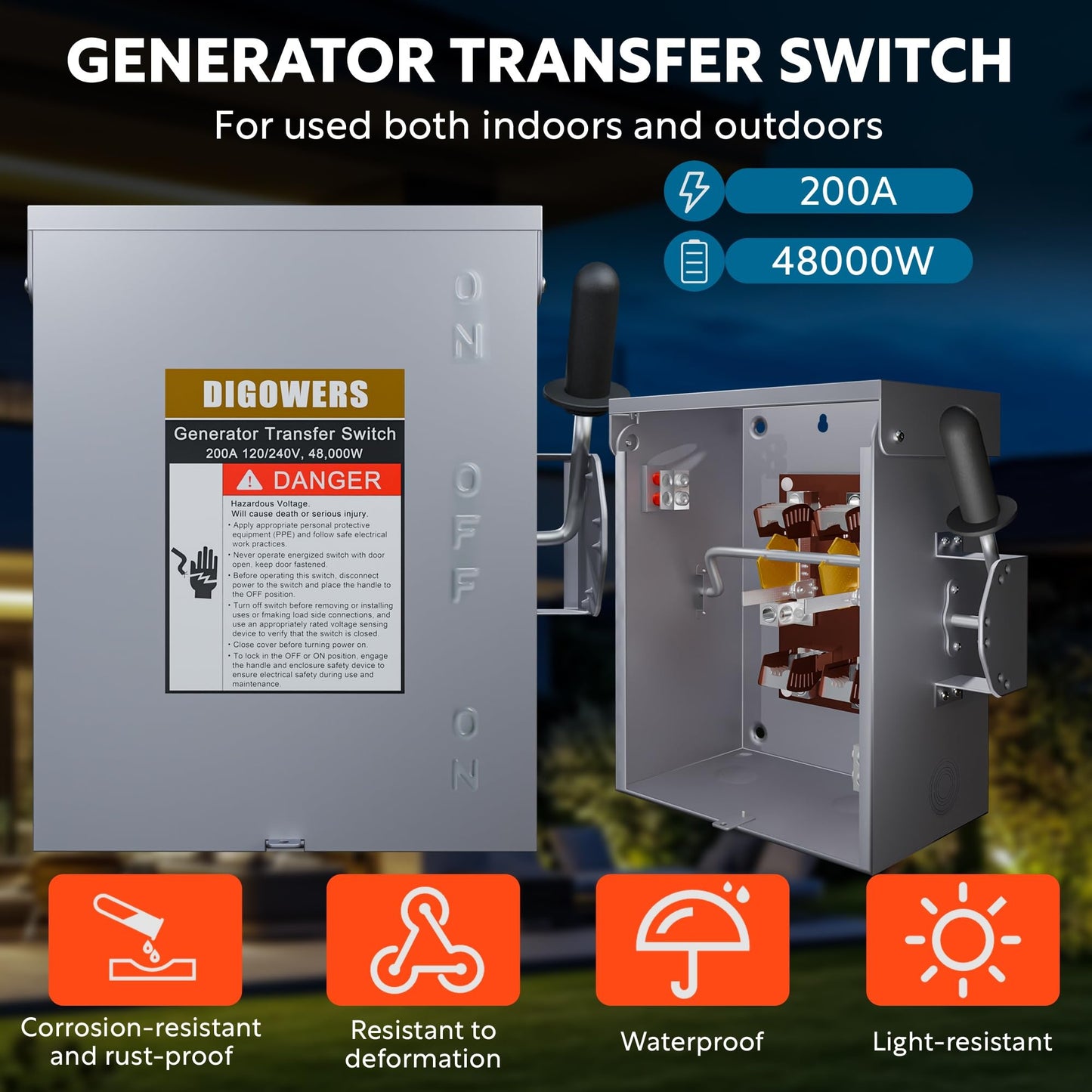 200A 2 Pole Generator Transfer Switch, 120/240V Manual Transfer Switch for Home Generator, 48000W General-Duty Double-Throw Heavy Duty Safety Switches for Indoor and Outdoor