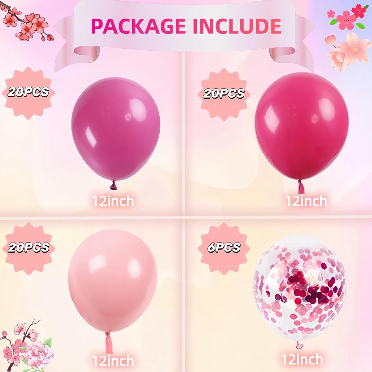 Skiennix Pink Balloons Set - 66pcs 12 Inch Hot Pastel Pink Confetti Latex Balloons for Birthday & Baby Shower Decorations