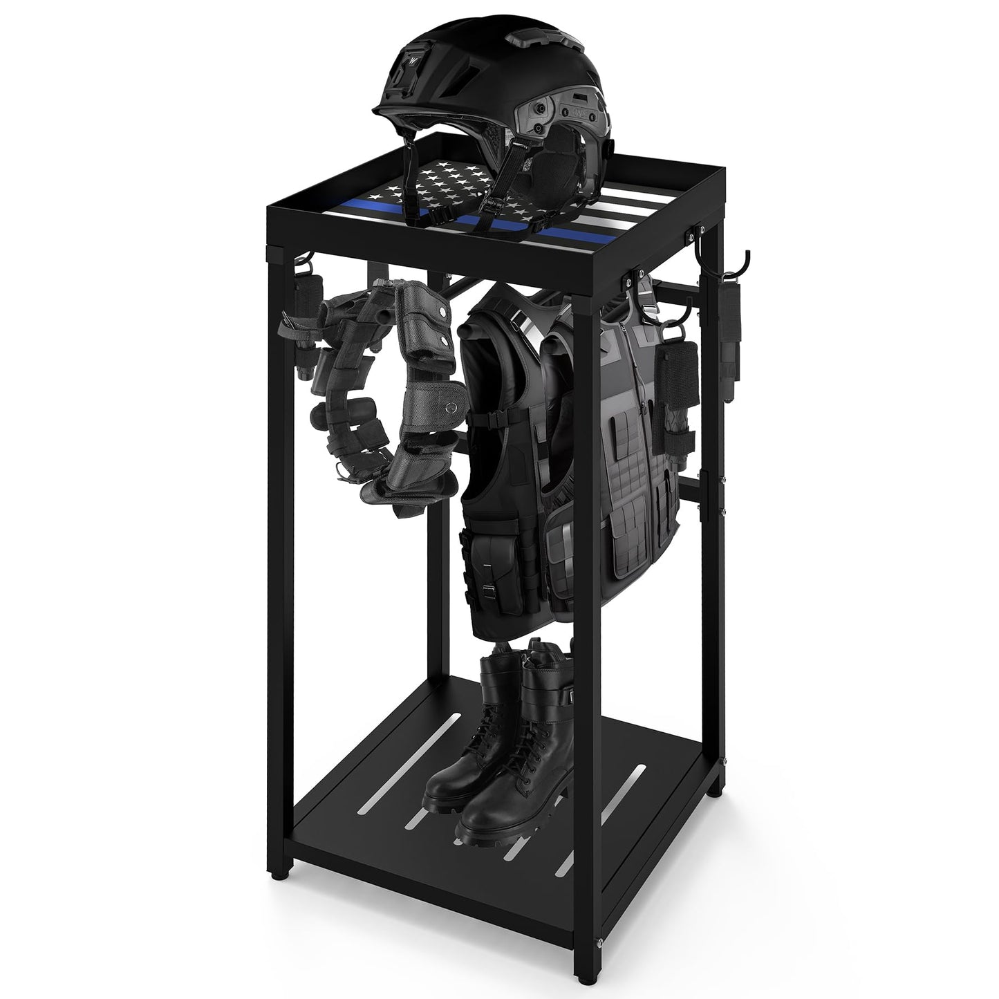 Neoaider Police Gear Stand 18” x 18” x 38”, Tactical Duty Gear Rack Decor with Thin Blue Line Flag, Black Police Hanger with 7 Hooks, Body Armor Stand for Police Gift