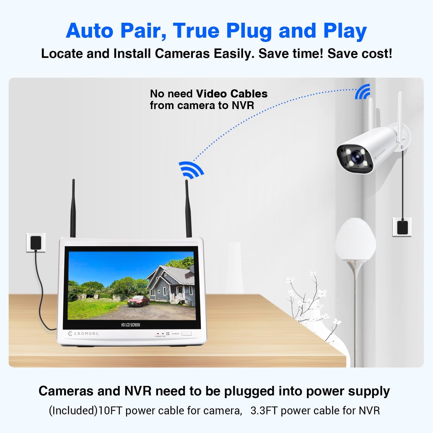 Cromorc Expandable 16CH NVR Wireless Security Camera System with 12.5" Monitor, 4PCS 5MP Surveillance Camera Human Detection, Spotlight, Siren Alarm, 2-Way Audio, Night Vision, 3TB HDD