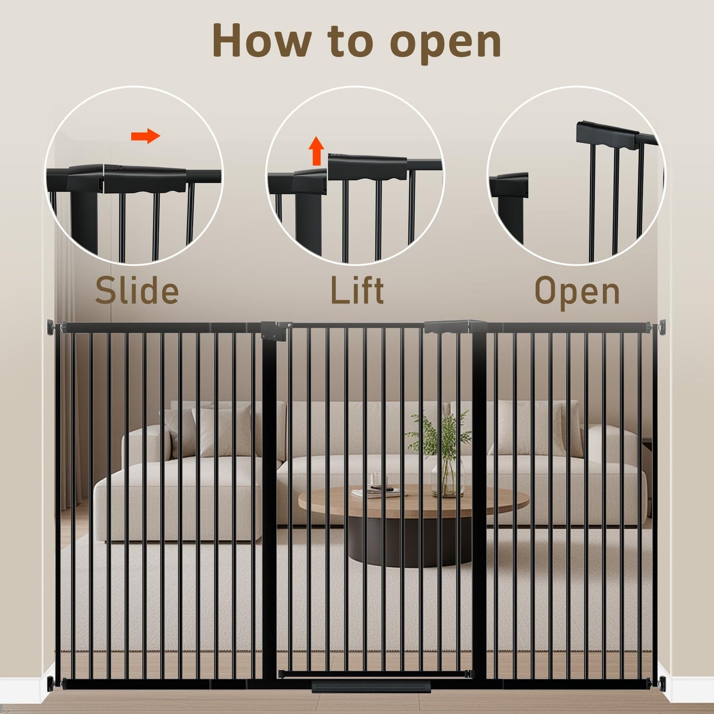 WAOWAO 40.55" Extra Tall 1.37" Ultra Narrow Spacing 69.49-77.36" Extra Wide Dogs Pets Baby Gate Safety Indoor Puppy Pressure Mounted Gate No Drill Black Metal for Stairs,Doorways,Kitchen,Hallway