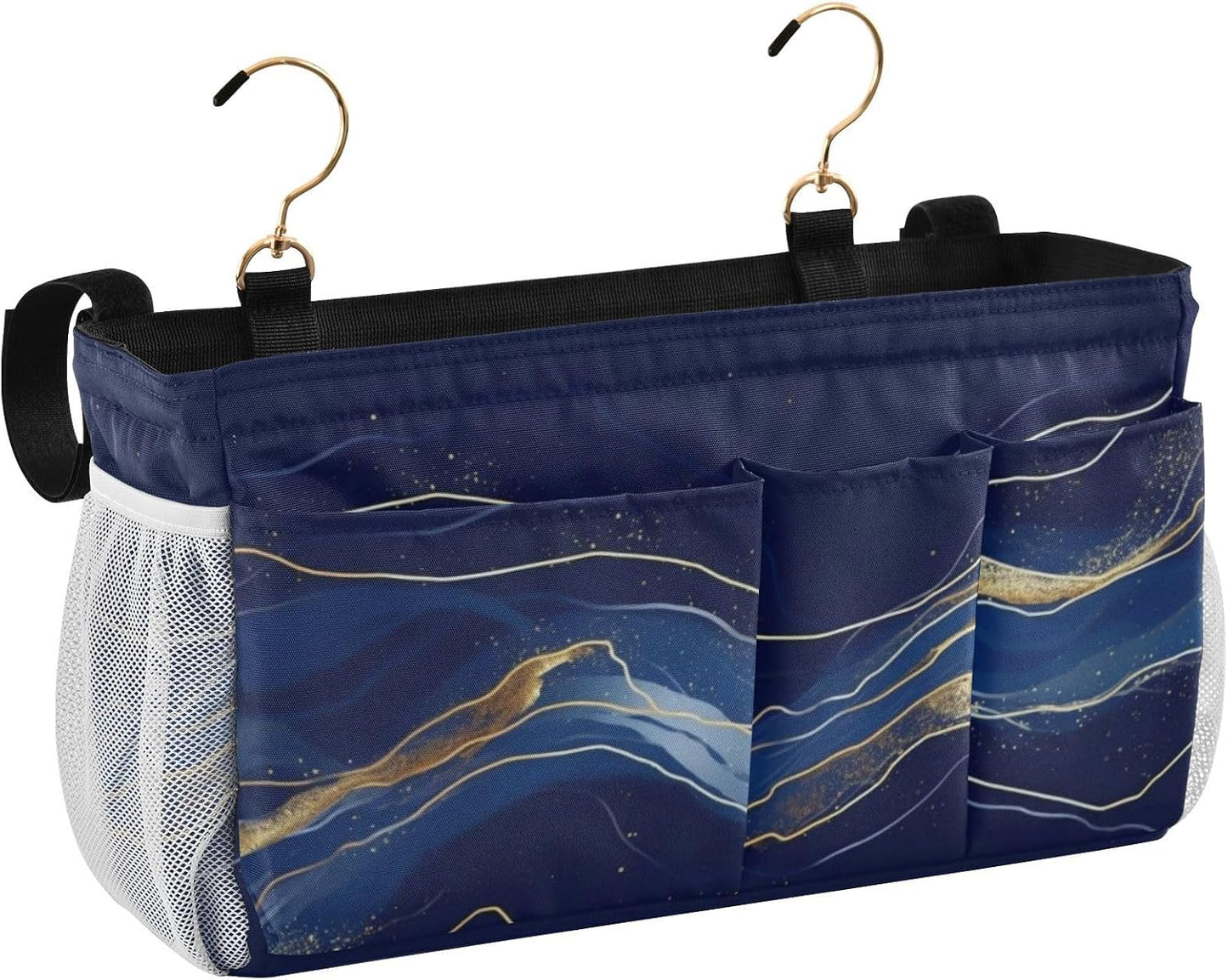Amooorous Bedside Storage Caddy For Dorm Table Cabinet Storage Organizer for Bed Rails Deep Blue-gold Marble Texture