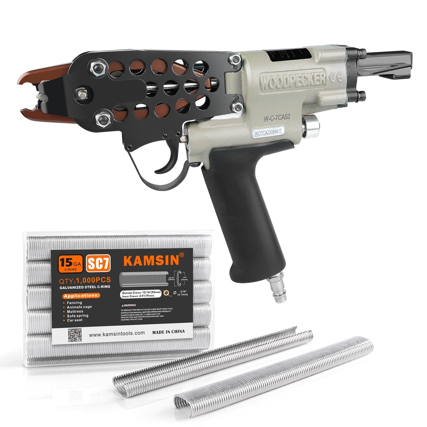 Woodpecker C-7CA 15 Gauge Pneumatic Hog Ring Gun Kit, 3/4" Crown Air Hog Ring Pliers, with1000PCS Hog Ring Staples for Cages, Fencing, Car Seats & Mattress (4.8-7mm Closure)