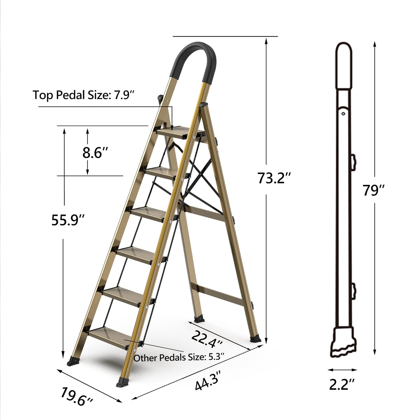 GameGem Lightweight Aluminum 6 Step Ladder for 12 Feet High Ceiling, Folding Step Stool Stepladders with Anti-Slip and Wide Pedal for Home and Kitchen Use Space Saving (Brown Gold)