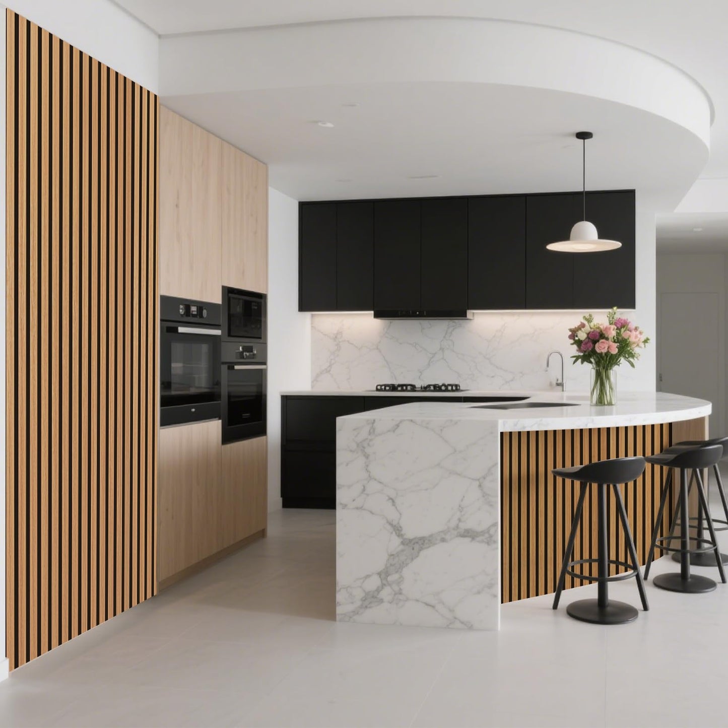 Art3d 2-Pack Acoustic Wood Slat Wall Panel with Roll-Flat Design - 95.3 x 23.8 Inch Sound Absorbing Panels for Living Room Columns Corridor Curved Wall Decor, Teak
