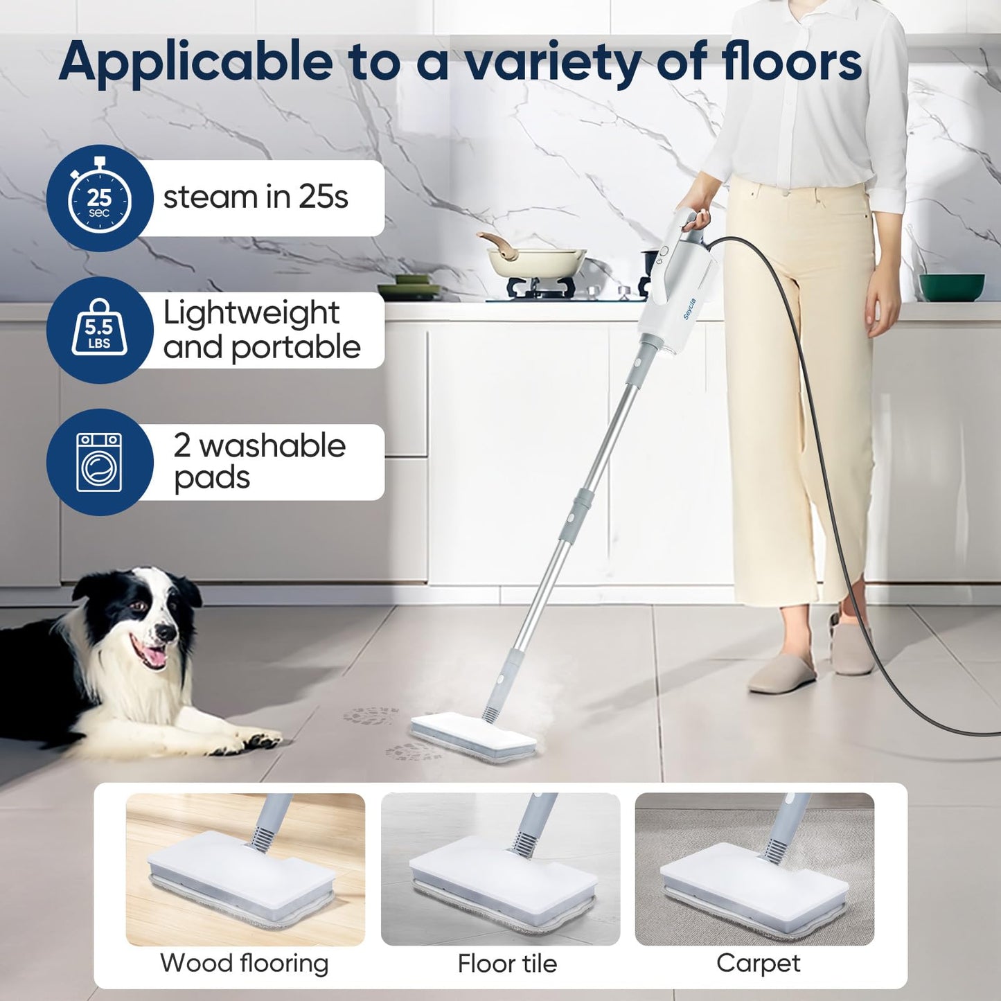 Seyola Steam Mop for Floor Cleaning, Steam Cleaner for Home with Handheld 6-in-1 Multi-function Attachments for Hardwood Floors, Clothes, Windows, Tiles Grout, Furniture Cleaning (off-white)