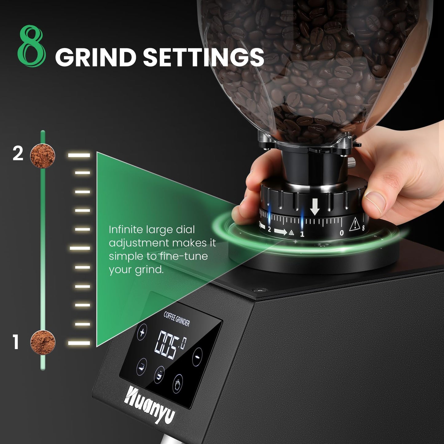 Huanyu Electric Coffee Bean Grinder 250G Automatic Burr Grinder Green and Huanyu Commercial Coffee Grinder with 64mm Flat Burr Anti-Flying Grounds Outlet 26oz Lotus Hopper Bundle