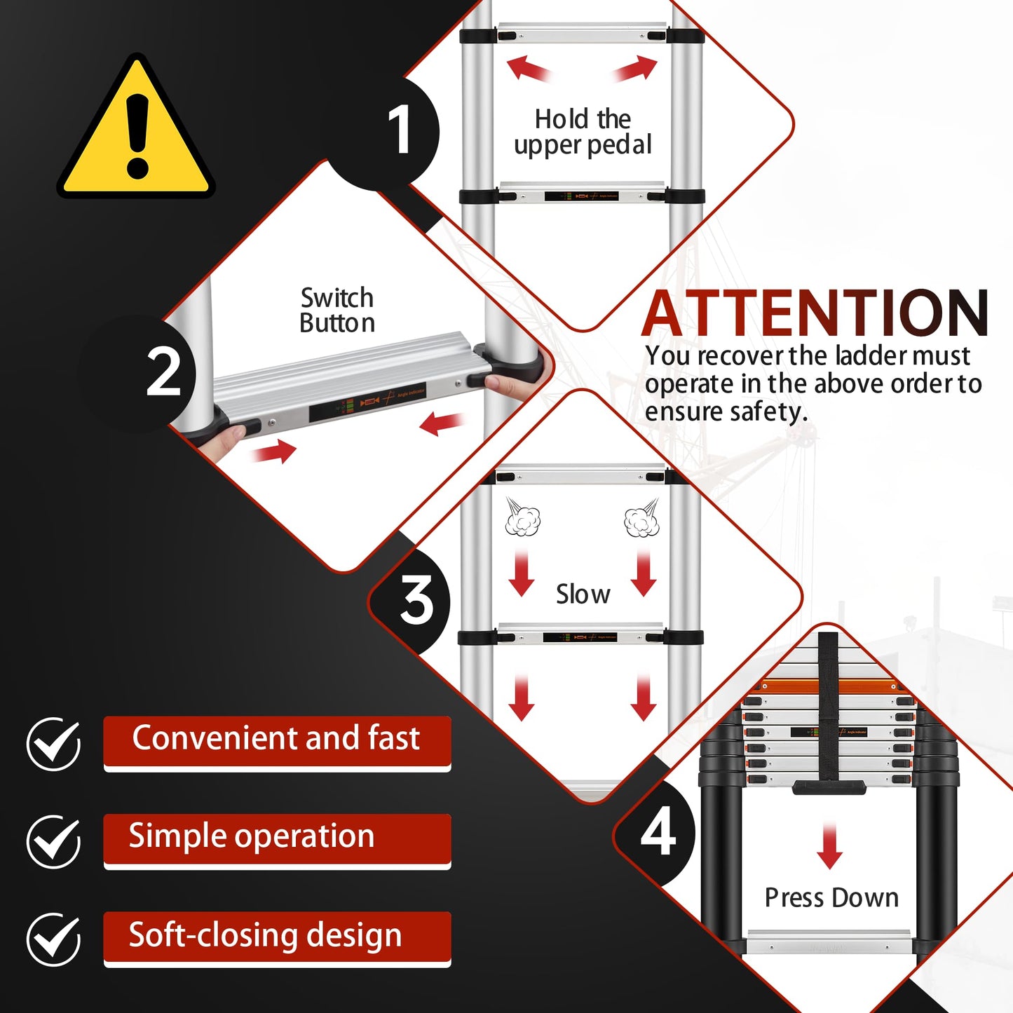 ICARRY Telescopic Ladder 12.9 FT Extension Ladder Aluminum Lightweight Telescopic Ladders, Multi-Purpose Collapsible Extension, Soft Close Design, 300lb Capacity,Ideal for Home, RV, and Outdoor Work