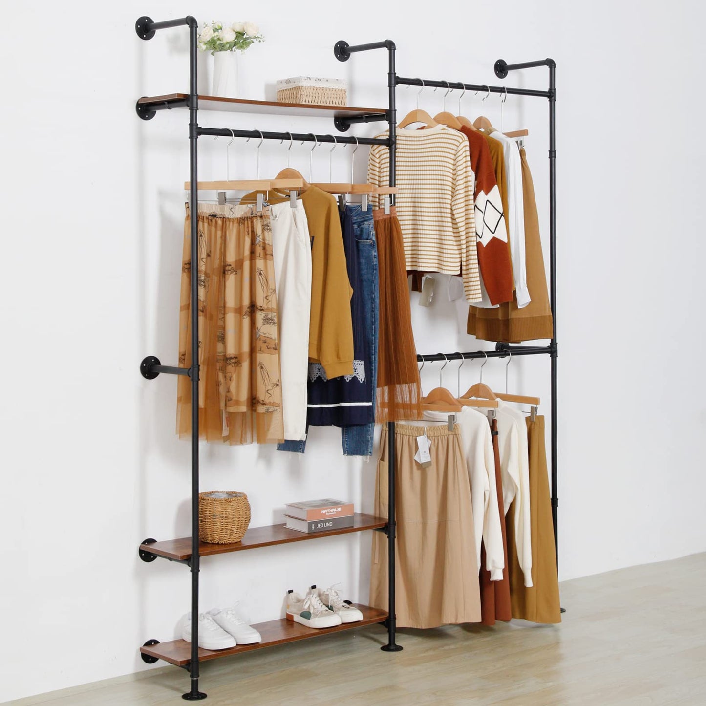 EDCB Industrial Pipe Clothing Rack - Wall Mounted 3-Tier Heavy Duty Metal Garment Rack with Shelves, Black Closet Organizer for Retail Stores & Bedroom (92.1X76.8inch)