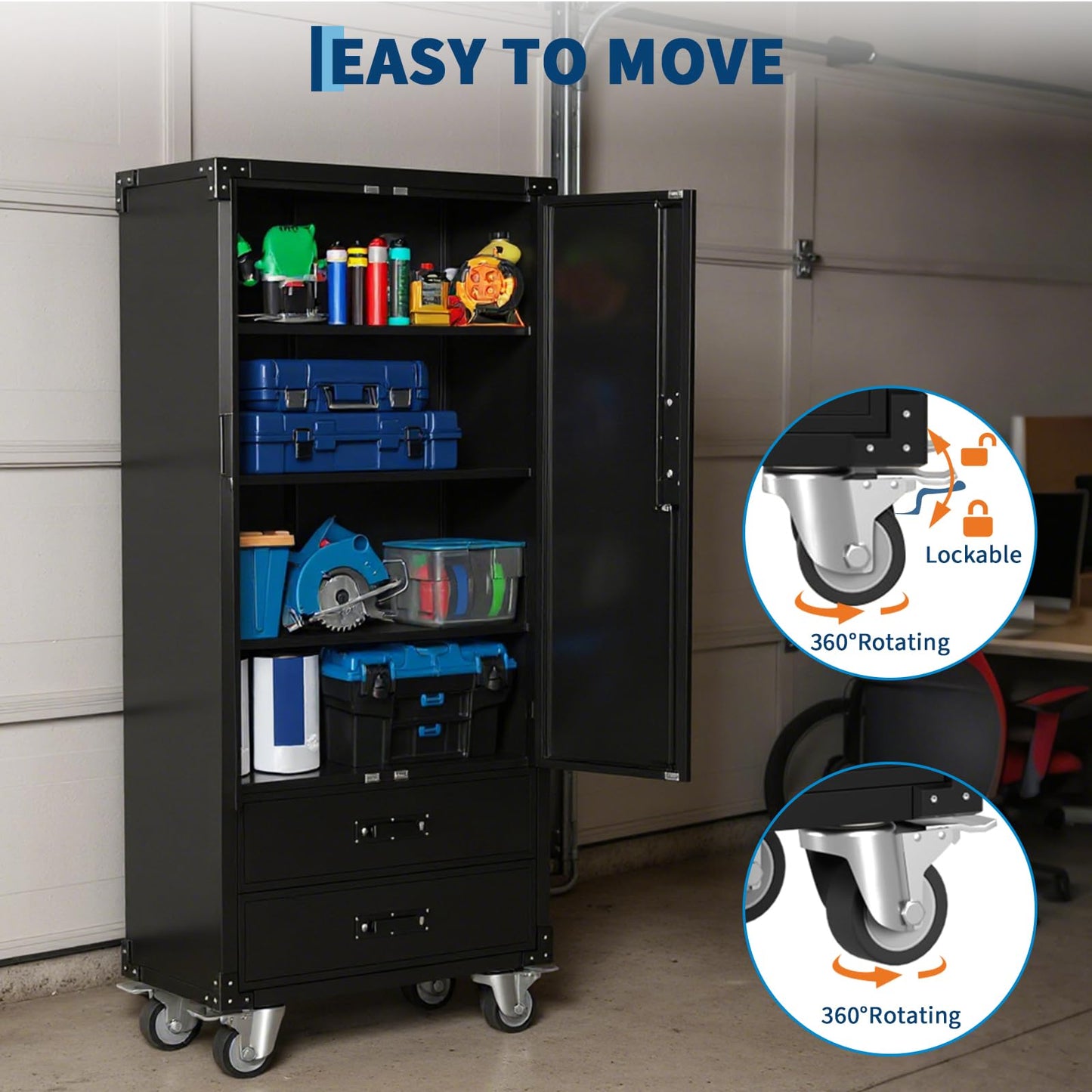 Metal Storage Cabinet with Wheels, 67in Rolling Metal Cabinets with Doors & Adjustable Shelves for Garage Storage, Heavy Duty Black Steel Lockable Cabinet on Wheels for Workshop, Home Office, Black
