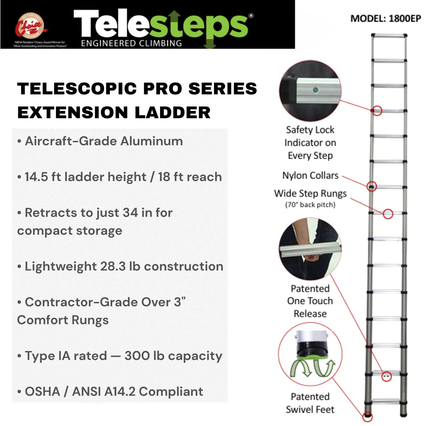 Telesteps 1800EP Pro Series Wide Step Telescoping Extension Ladder – 14.5 ft Height, 18 ft Reach | Type 1A 300 lb Rated