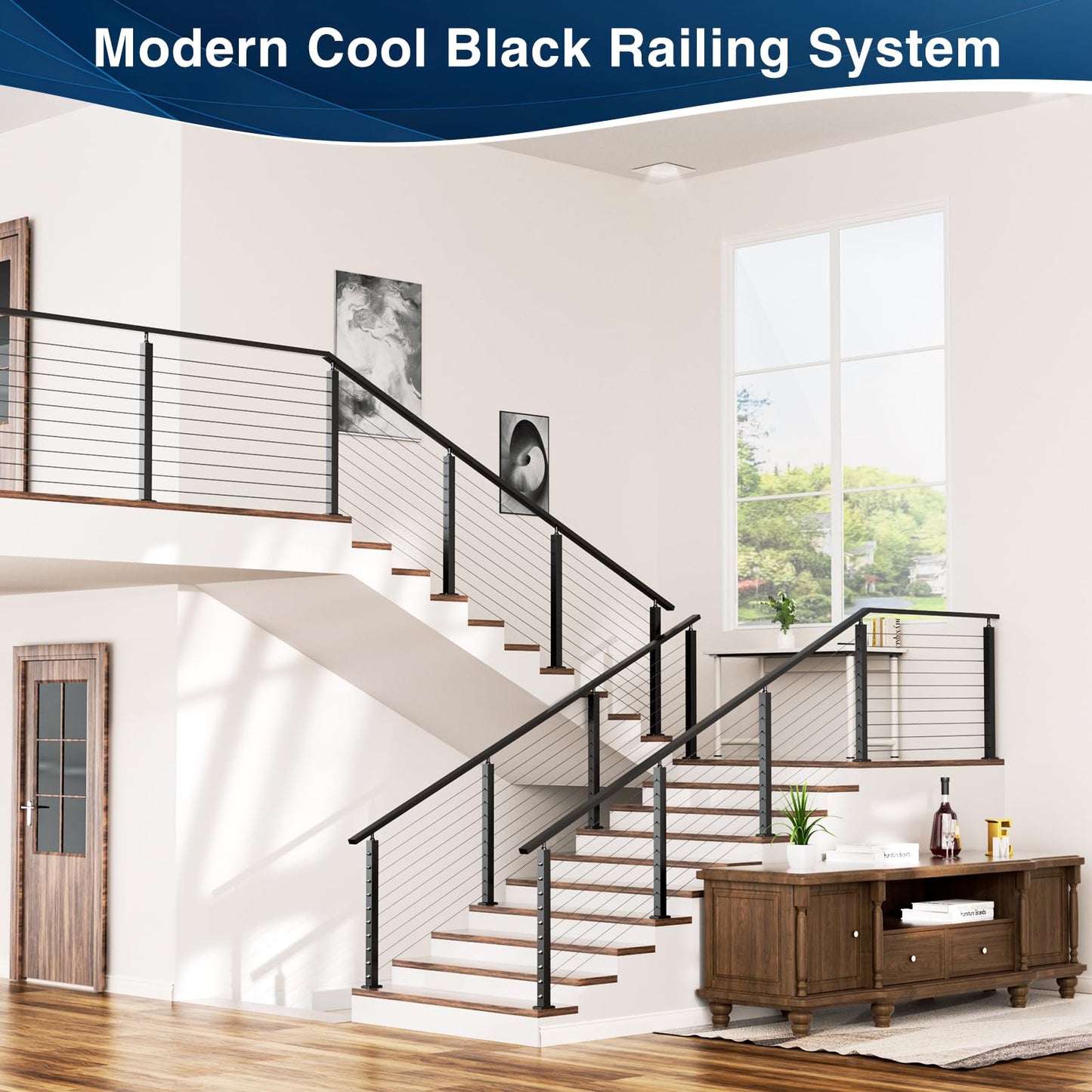 Gyykzz 2 Pack 36" Stair Cable Railing Post for 28-38 Degrees Stairway, Matte Black Surface Mount Deck Staircase Post System, Heavy-Duty Stainless Steel T304 Wire Railing Post for Stairs Indoor Outdoor