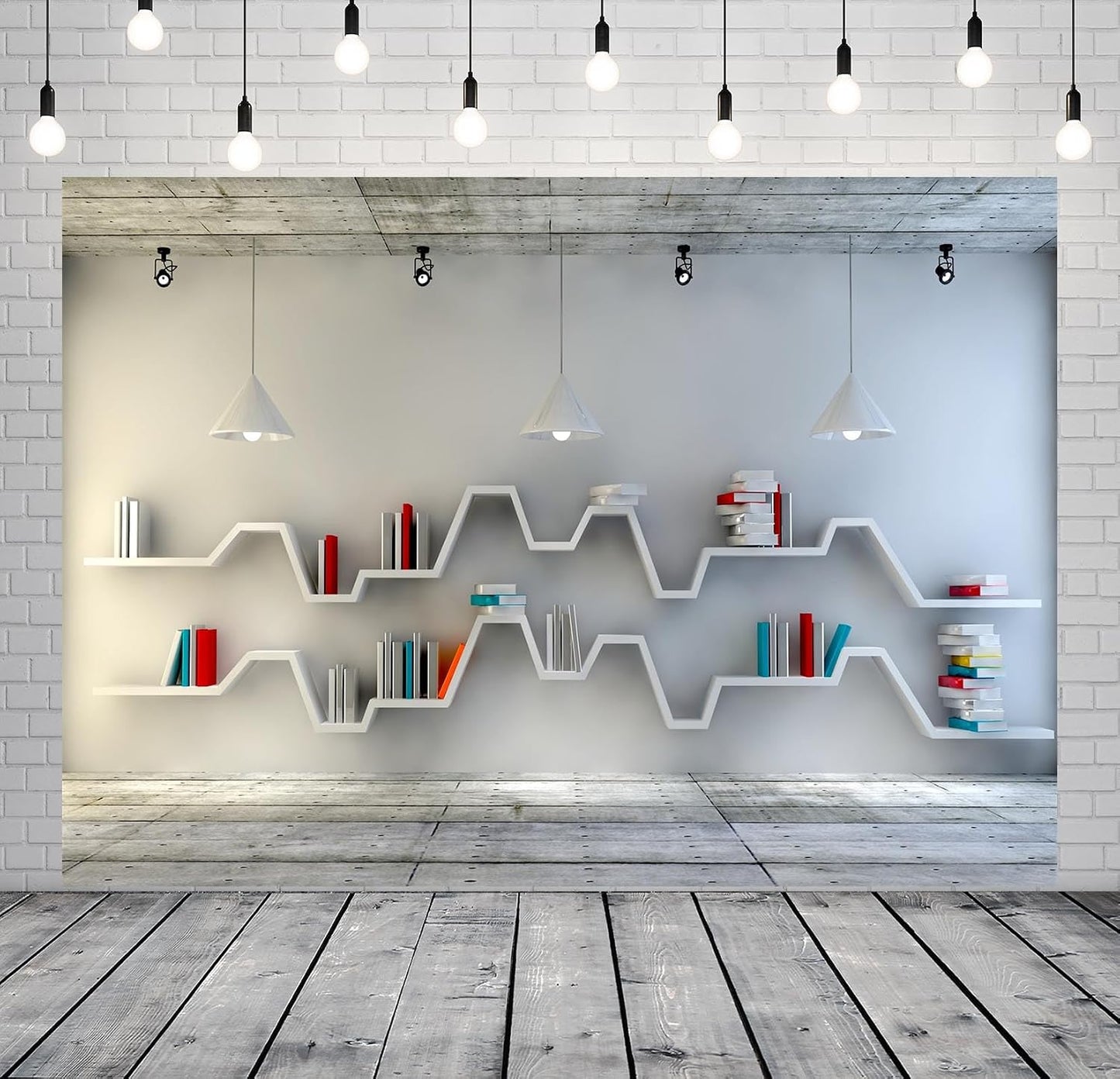 BELECO 8x6ft Fabric Living Room Backdrop for Video Conference, Modern Bookshelf with Books, Wooden Floor, Empty Room