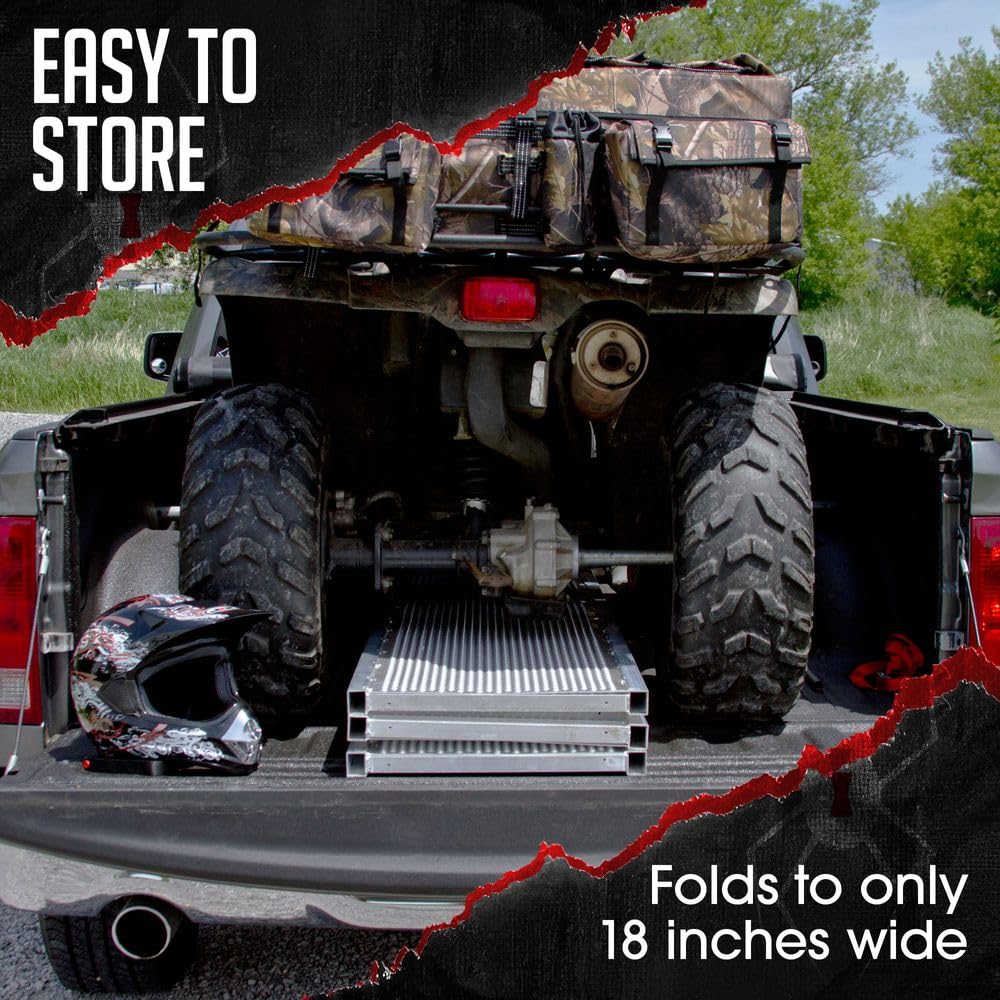 Black Widow Aluminum Folding ATV Ramp w/ Extra Wide Punch Plate, 1,500 lbs Capacity, 6’ 5” - Heavy-Duty Loading Ramp for Trucks and Trailers