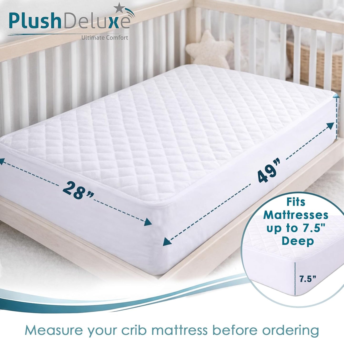 PlushDeluxe Crib Mattress Protector - 100% Waterproof & Noiseless | Ultra Soft Bamboo Viscose, 28”x49”