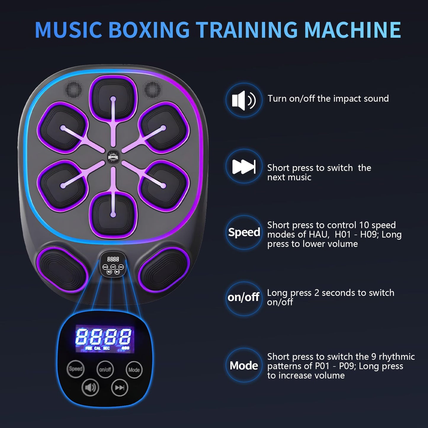 Music Boxing Machine for Adult: 6+2 Targets Music Punching Machine with Gloves Large Size Boxing Workout Target Equipment - 9 Modes& 10 Speeds for Home Gym Bar - 2025 Large