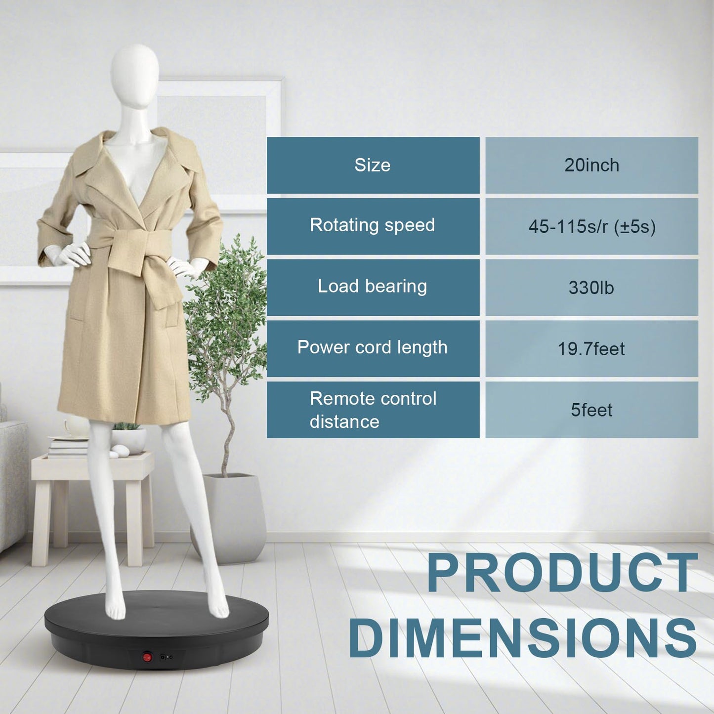 Motorized Rotating Display Stand, 360 Degree Automatic Rotating Display Stand, Angle Speed Adjustabl Turntable for Big Size Products Potography Live Video Show Black/ 20.5inch /330Lbs Load/Wired
