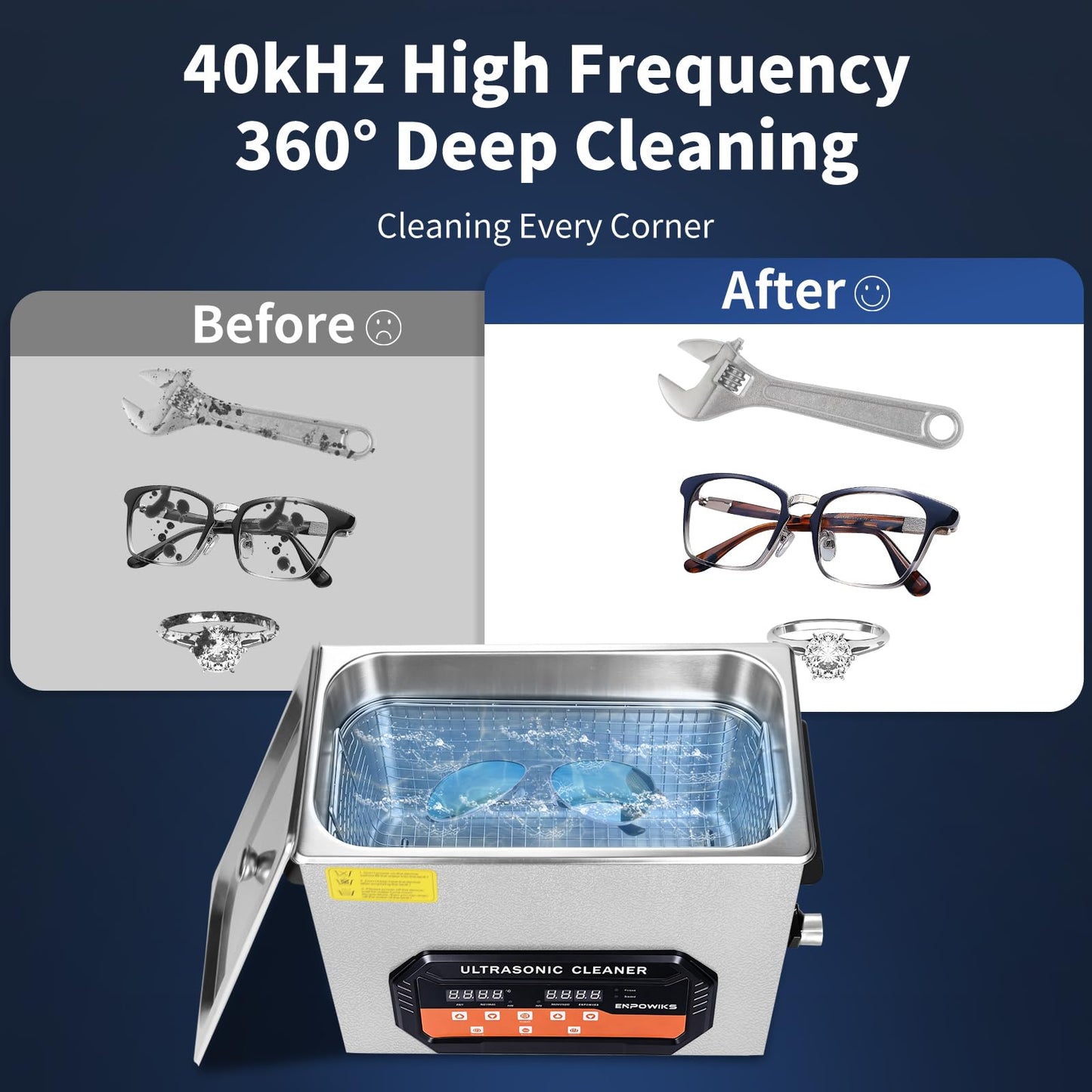 Enpowiks Ultrasonic Cleaner 6L 180W Digital Ultrasonic Cleaning Machine with Upgraded Degassing & Gentle Mode, 40kHz, with Heater & Timer for Tools, Jewelry, Watches, Glasses, Dentures, Small Parts