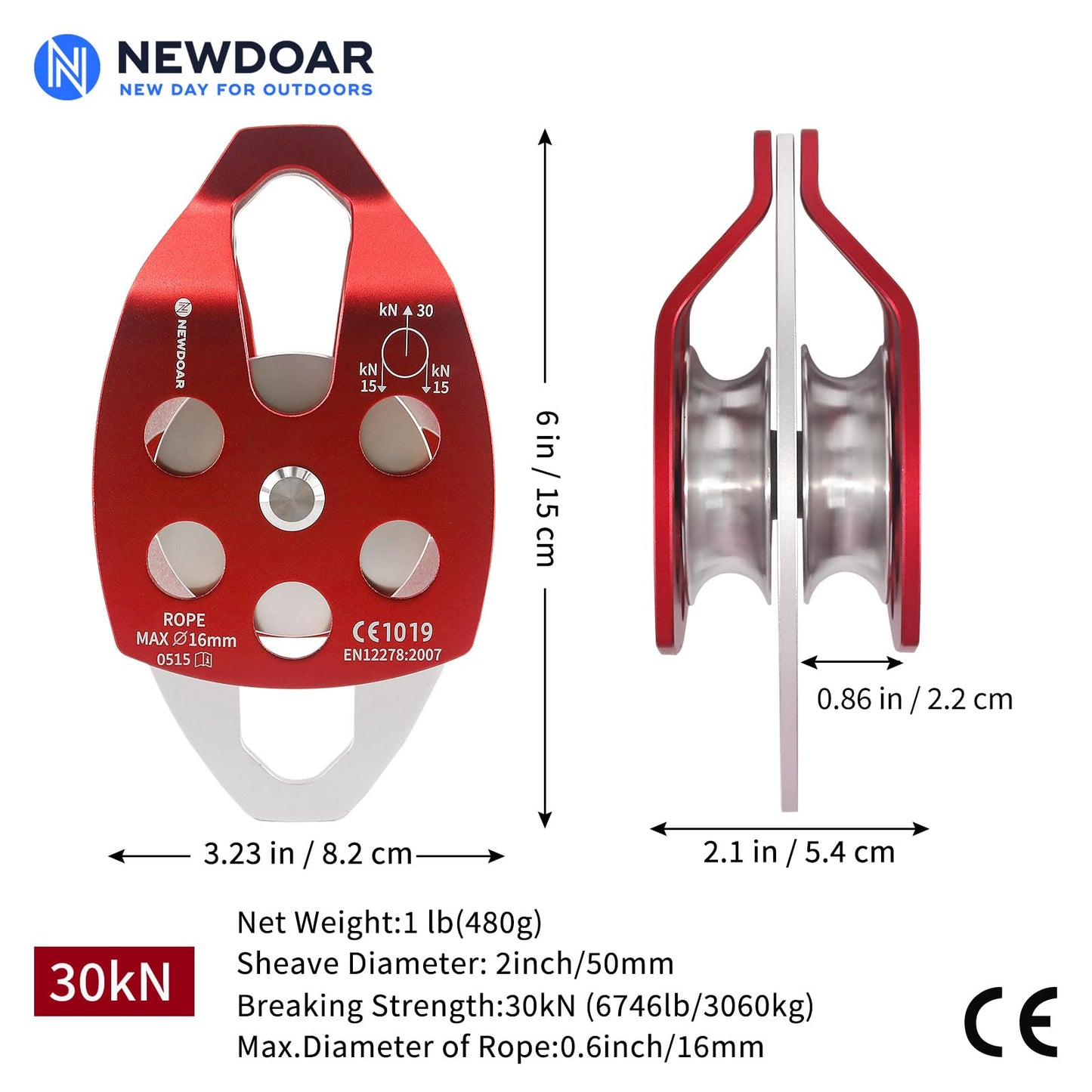 NewDoar 30 KN CE Certified Large Rescue Pulley Double Sheave with Swing Plate for Outdoor Mountaineering Rock Climbing Rescue(Red 2pcs)