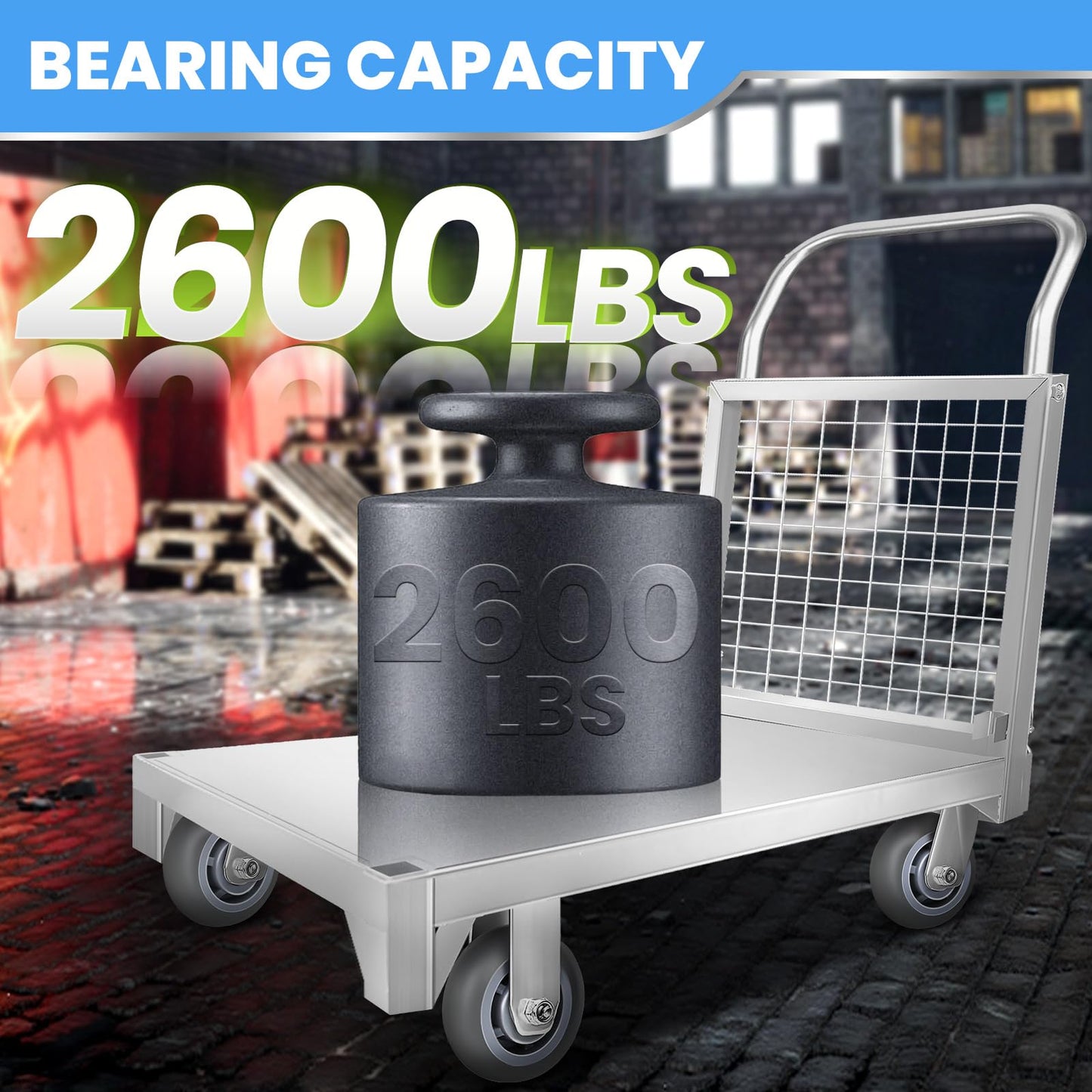 5-in-1 Platform Truck Cart with Cage, Heavy Duty Push Cart Dolly,4 Swivel Wheels, 2600 Lbs Capacity, Alloy Steel Material Multi Purpose Cart for Grocery Store/Laundry/Stall/Warehouse (Silver)