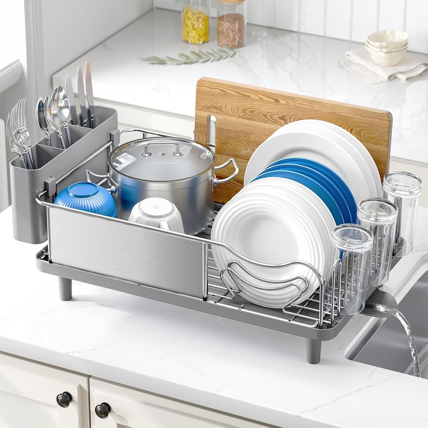 Urackify Stainless Steel Dish Drying Rack - Large Capacity Kitchen Organizer with Drain Board & Utensil Holder