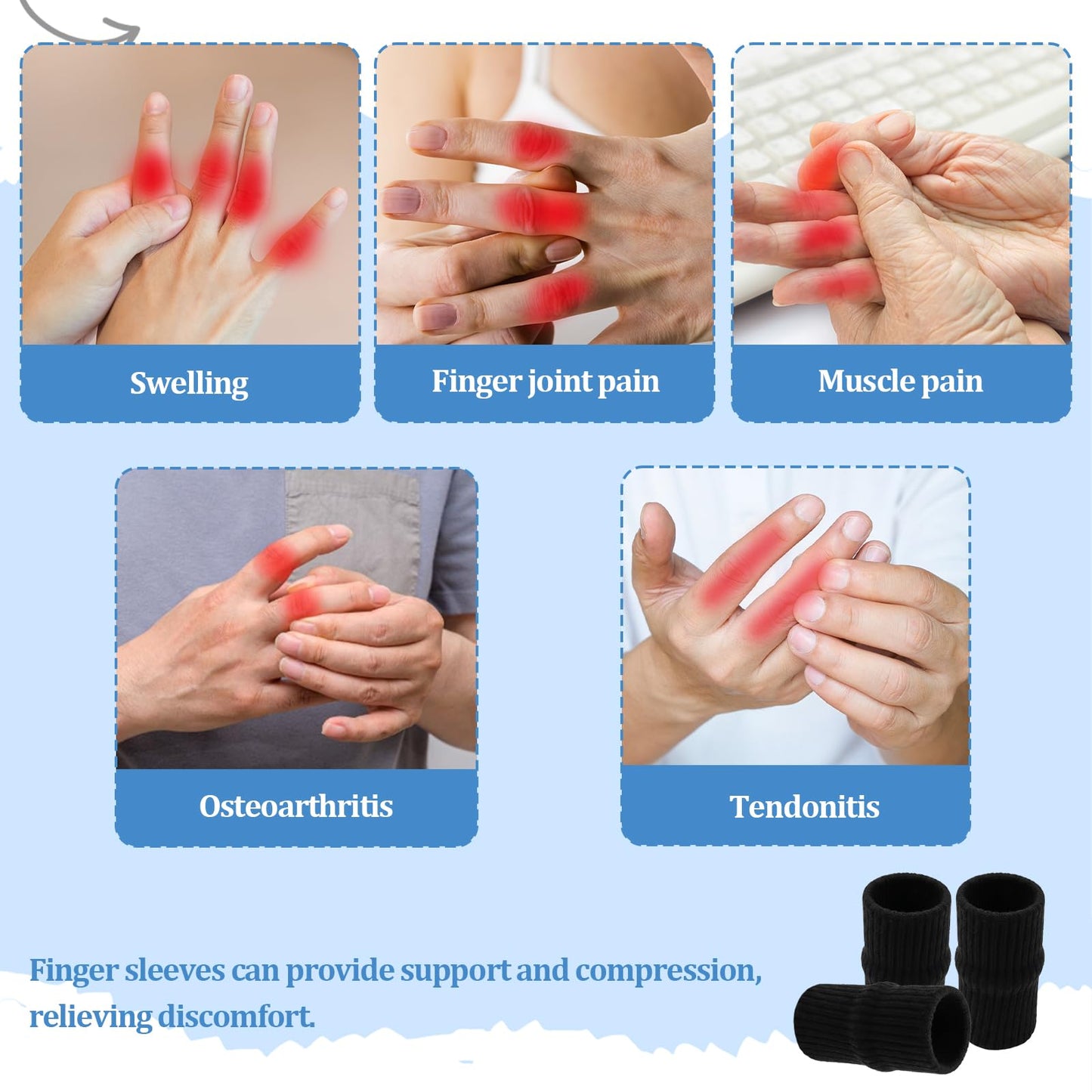 12 Pcs Finger Compression Sleeves,Black Sport Finger Sleeves Protectors,Breathable Elastic Finger Support for Sports, Typing, and Daily Use